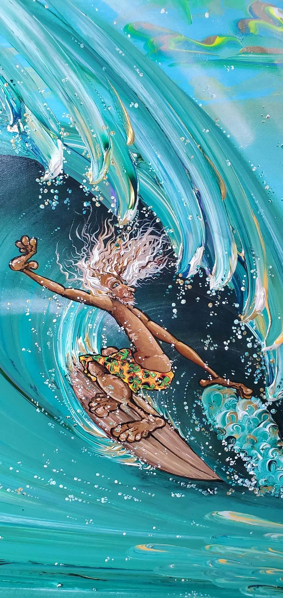 A colorful painting of a man surfing on a wave. The man has long, flowing white hair and is wearing multicolored shorts with a floral pattern. He appears joyful as he rides the wave, which is depicted with swirling blue, green, and white brushstrokes.