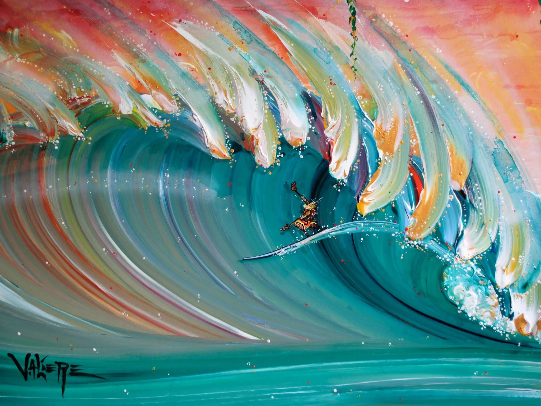 A colorful abstract painting of a large ocean wave with a surfer riding it. The wave is painted with vibrant streaks of blue, green, white, yellow, red, and pink, with white foam and spray. The surfboard is white, and the surfer is wearing a patterne