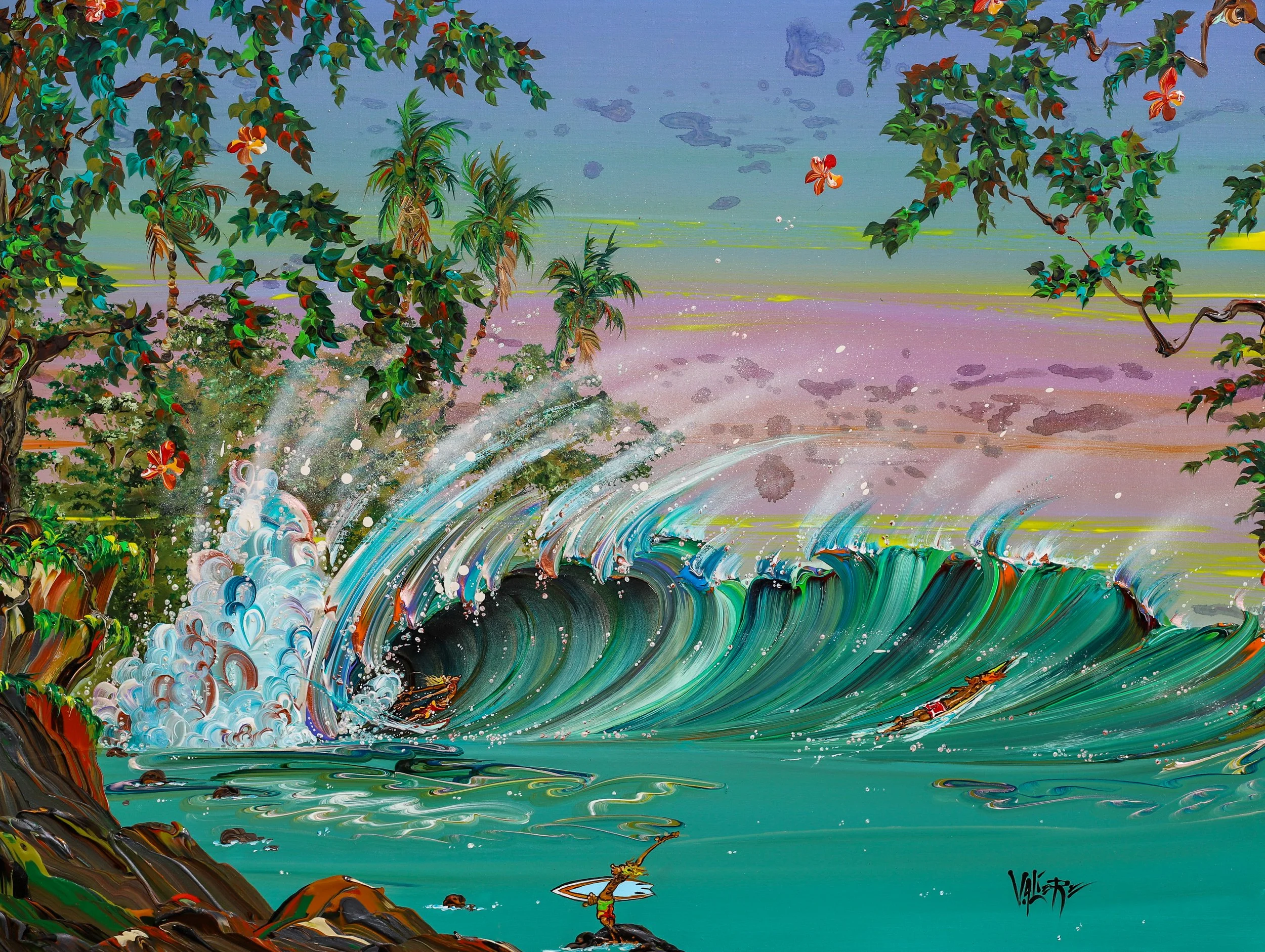 A vibrant, colorful painting of a waterfall crashing into a body of water surrounded by lush tropical trees and plants with palm trees, set against a pastel-colored sky with clouds.