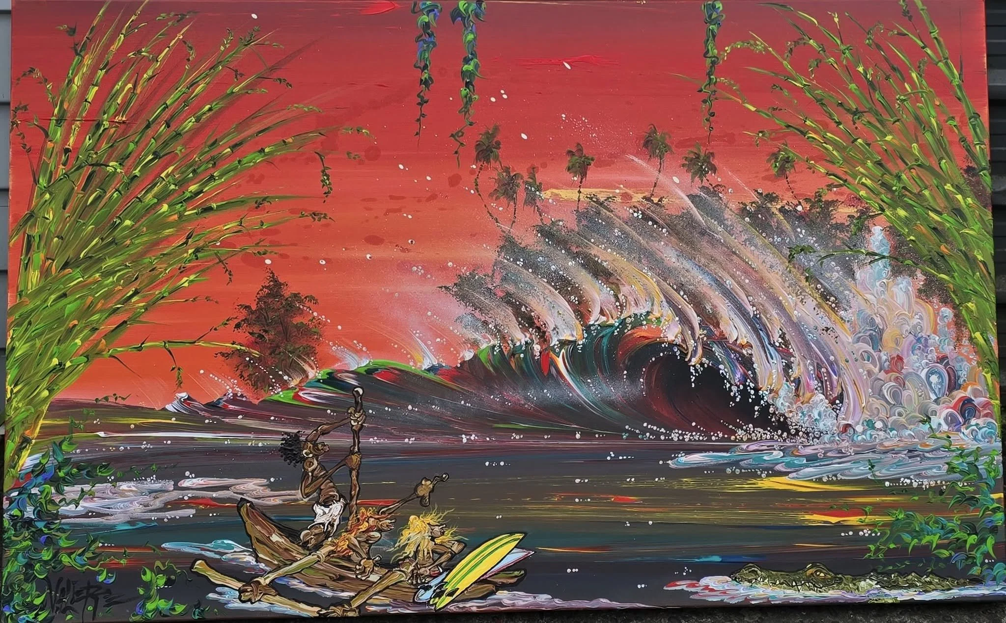 A vibrant painting depicts a sunset over the ocean with a massive wave in the background. Green tropical plants frame the scene, and a small boat with two figures paddling. The sky is painted in shades of red and orange, with splashes of white and mu