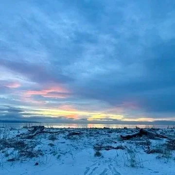Snow-covered beach with a sunset sky featuring blue and pink hues.