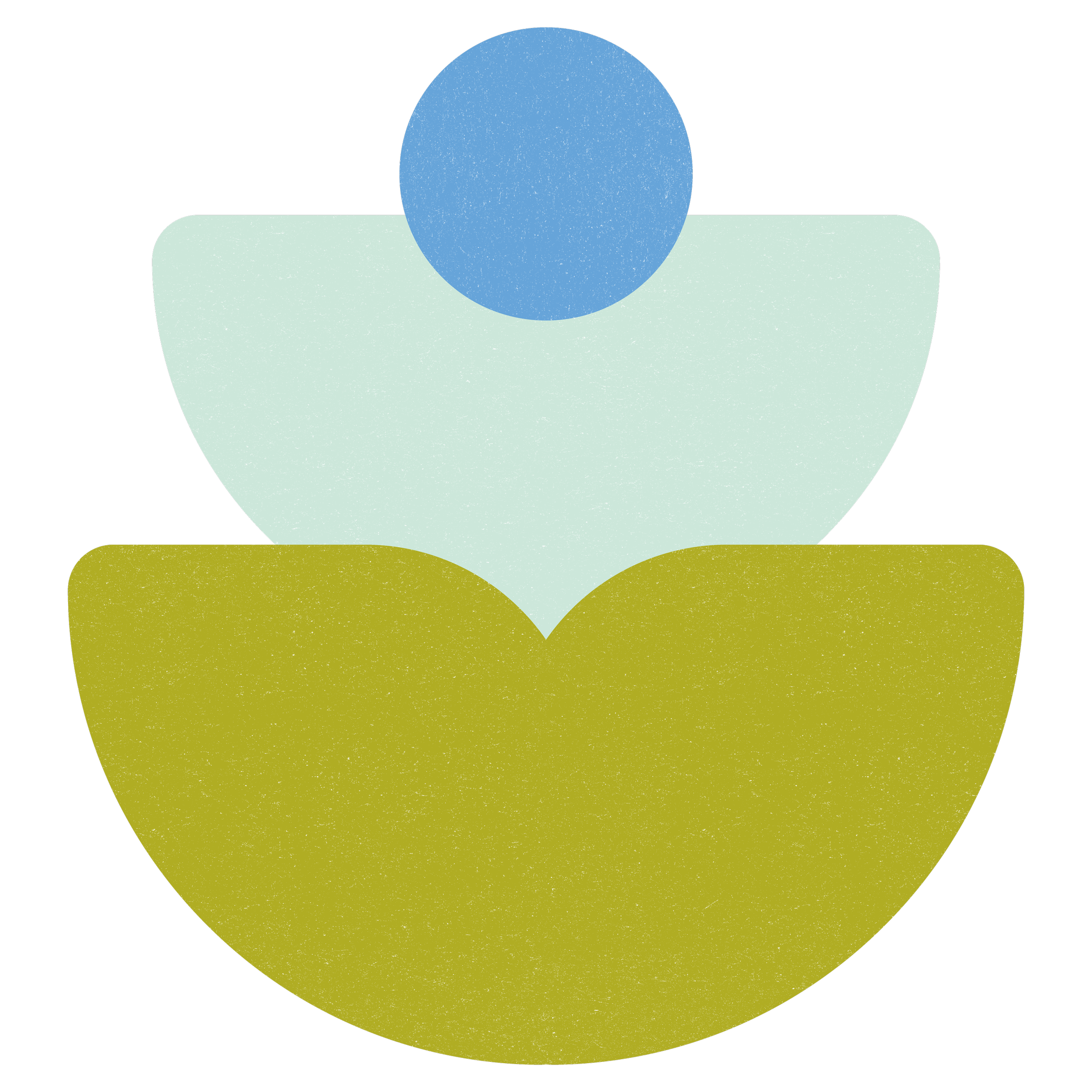 Abstract illustration of a stacked arrangement with a blue circle on top, a light mint semi-circle in the middle, and a green semi-circle at the bottom against a black background.