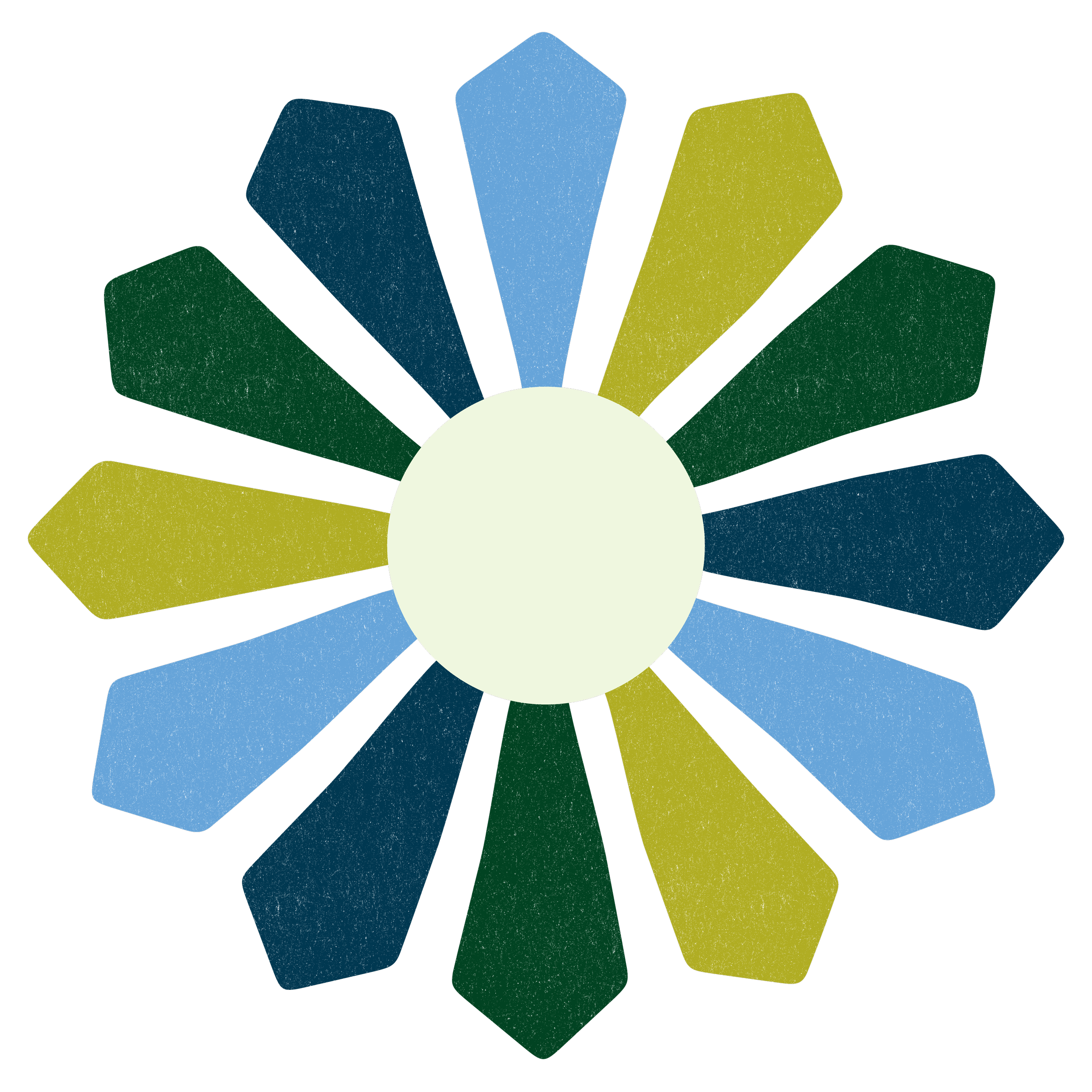 Colorful geometric flower design with a central cream-colored circle and petal-shaped segments in shades of blue, green, and yellow on a black background.