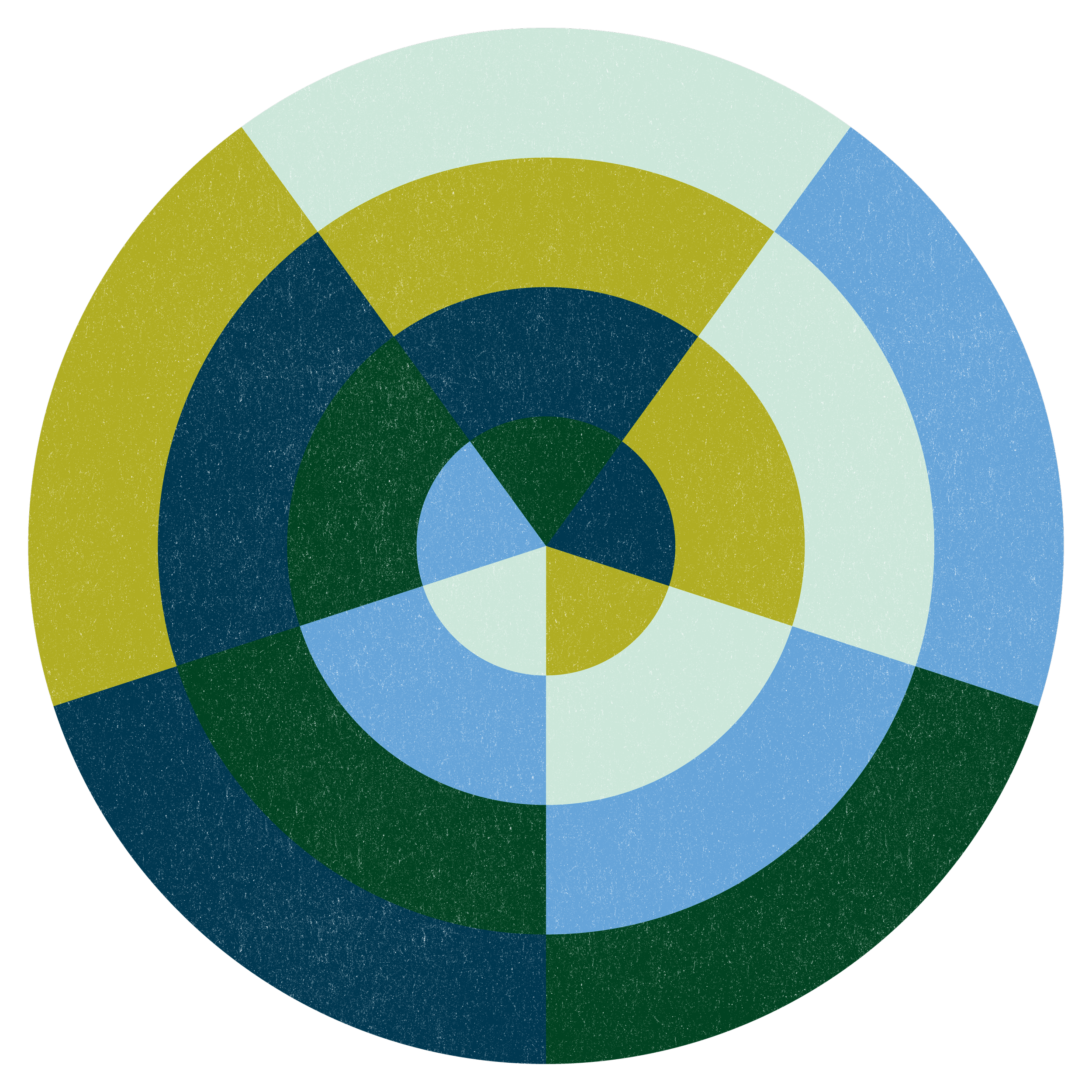 A circular, multi-colored chart with concentric rings divided into segments, featuring shades of green, blue, yellow, and light blue.