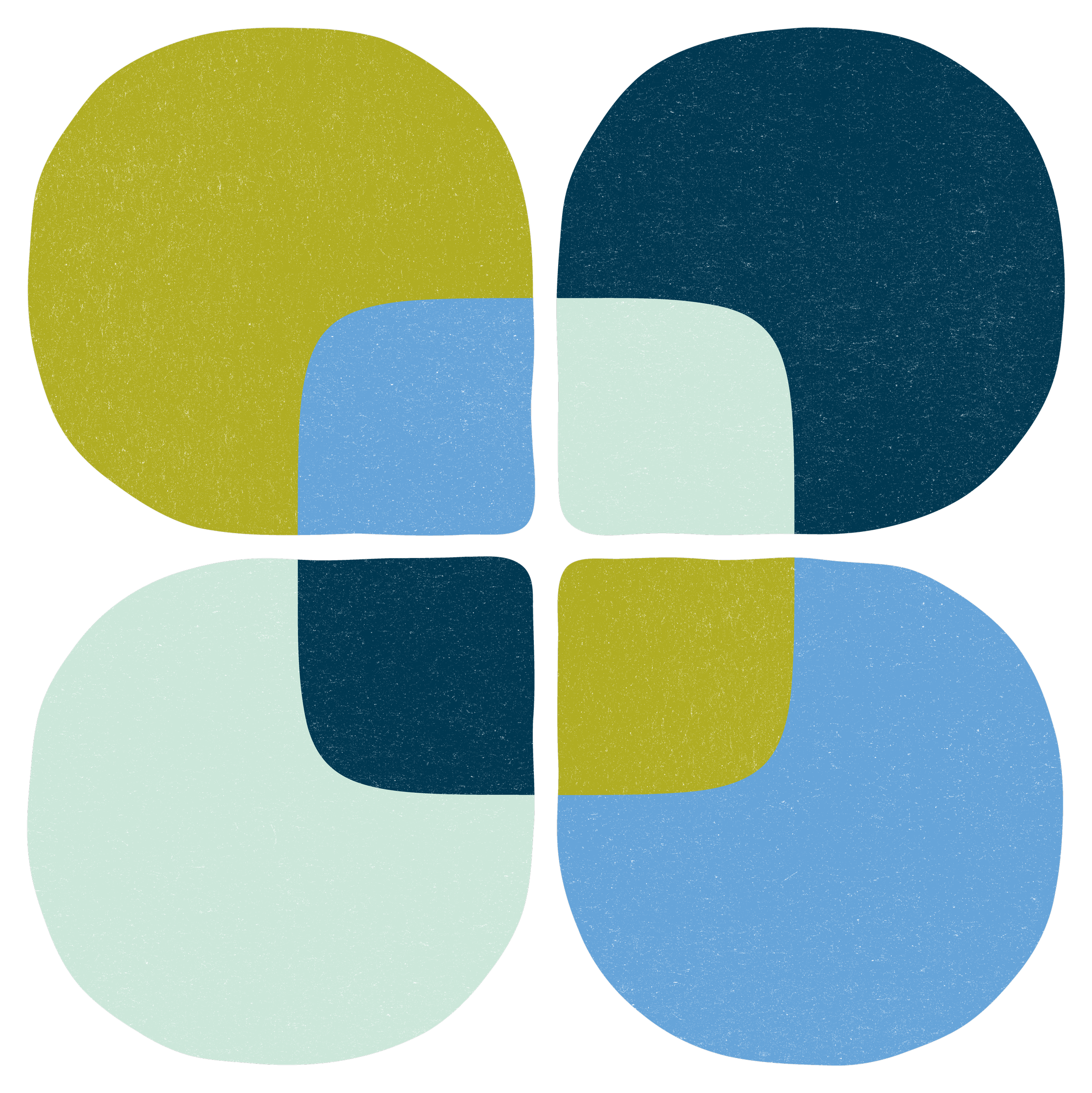 Abstract digital art featuring overlapping rounded geometric shapes in yellow, blue, and dark teal on a black background.