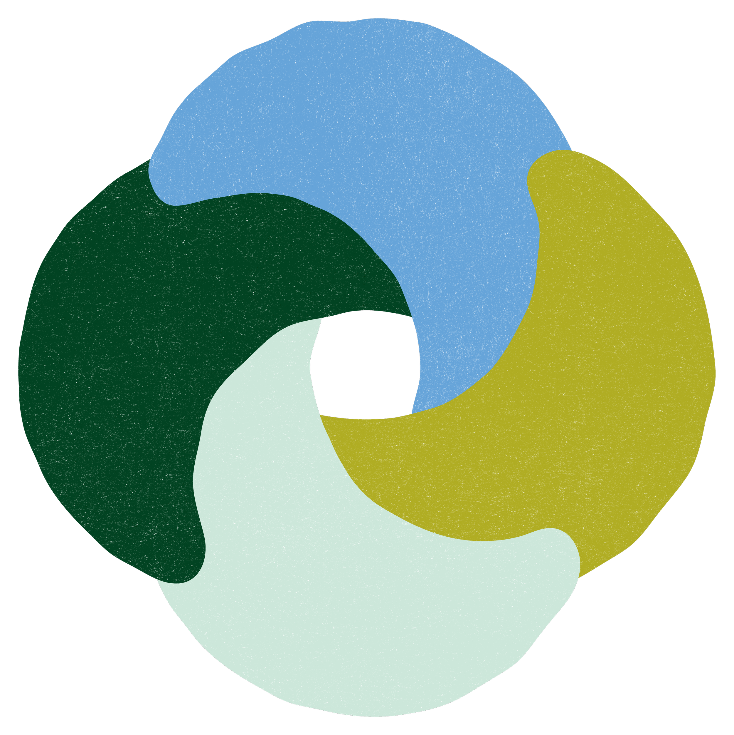 Abstract circular design with five interconnected, colorful, textured shapes on a black background.