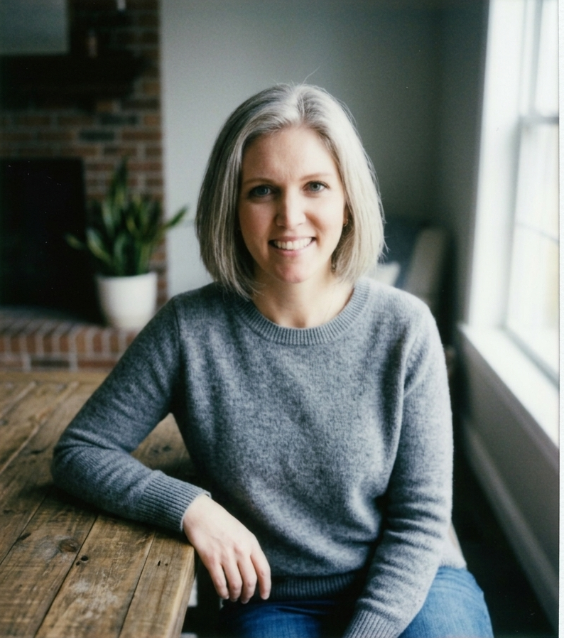 A woman with shoulder-length blonde hair, smiling, sitting at a wooden table in a room with a brick fireplace, large window, and a potted plant in the background.