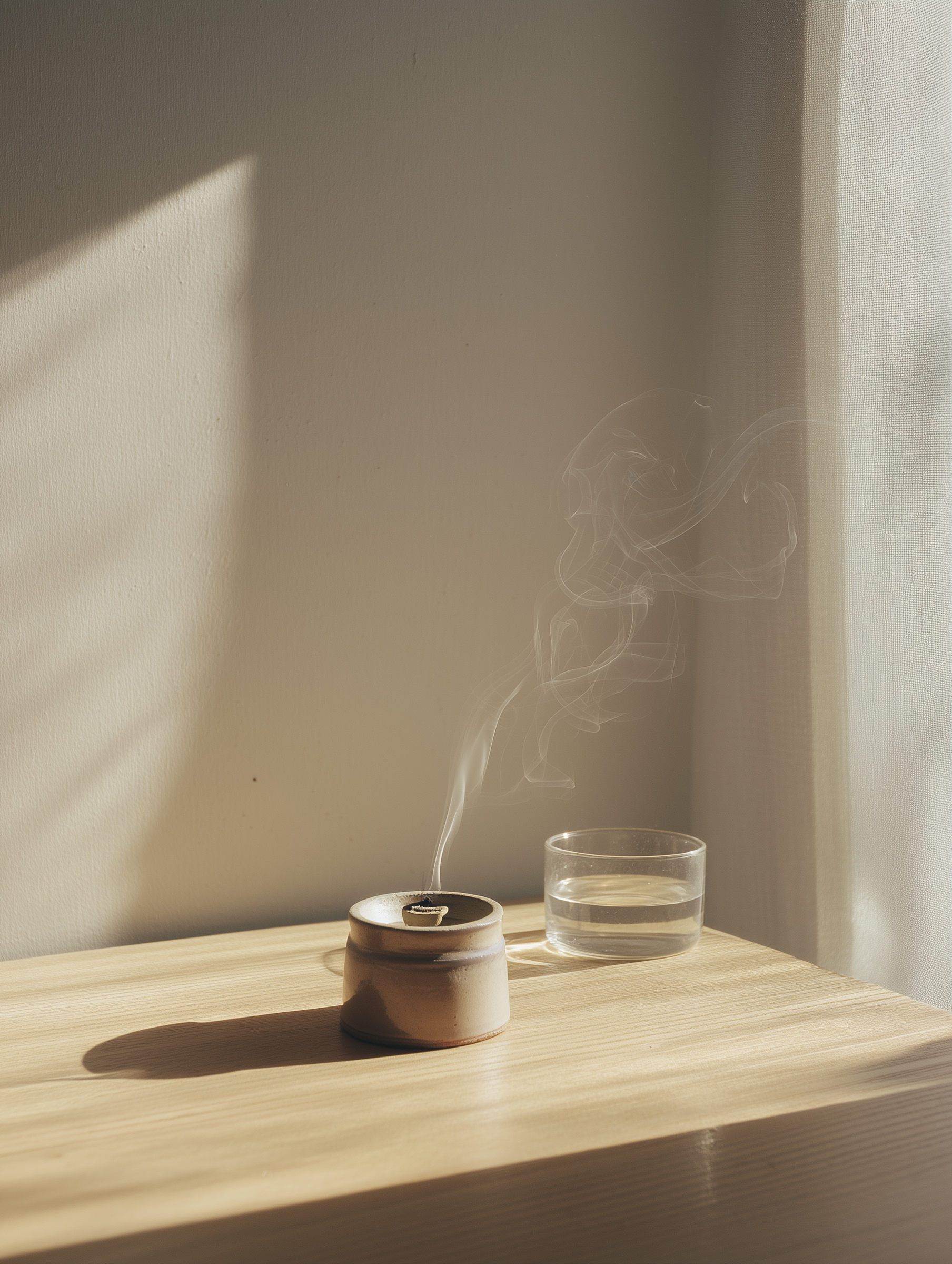 A ceramic incense holder with a lit incense stick emitting smoke, a clear glass of water, and a small bowl on a wooden table with sunlight and shadow cast on the wall behind.