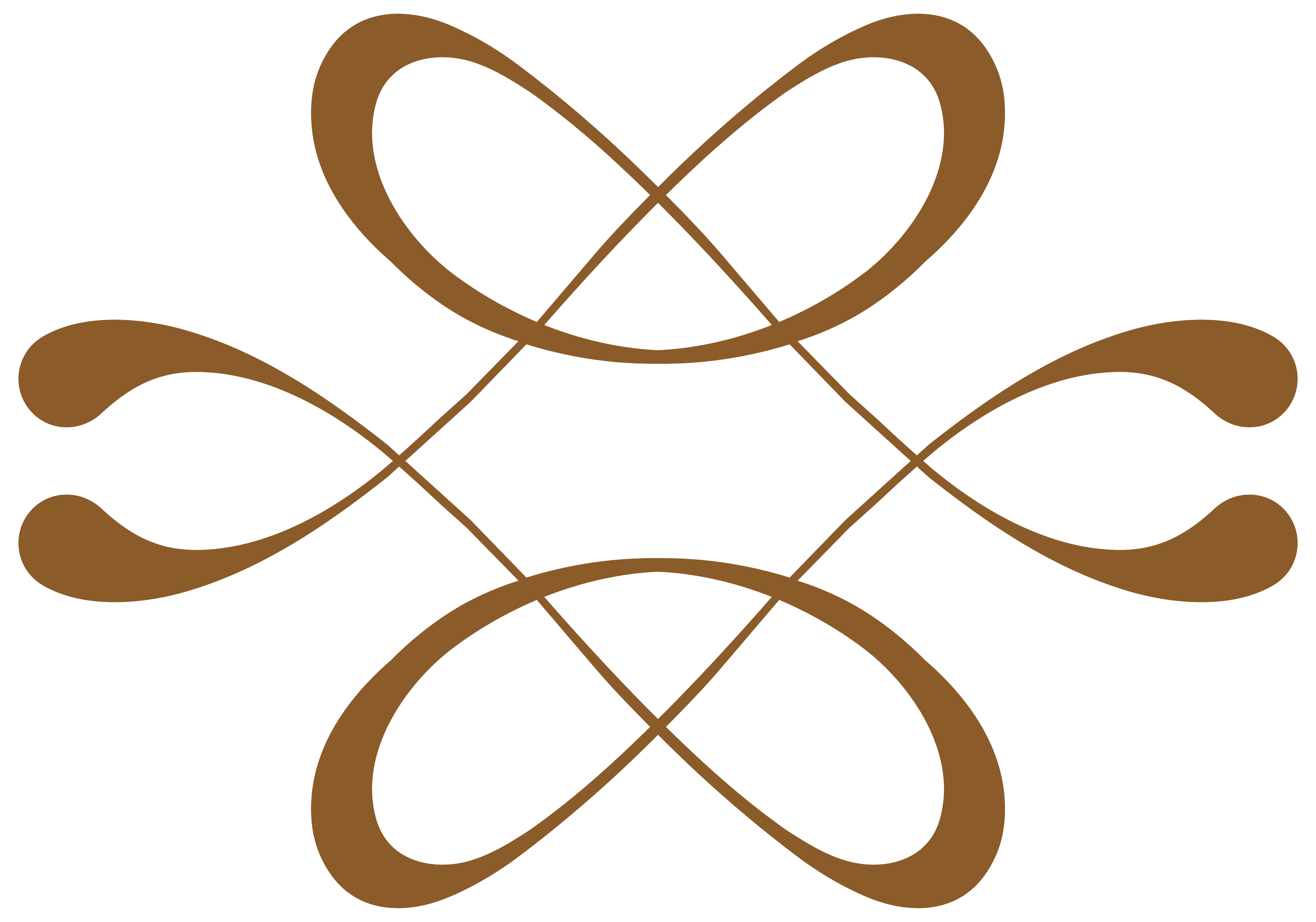 A decorative abstract design with intertwining brown lines forming symmetrical loops and shapes.