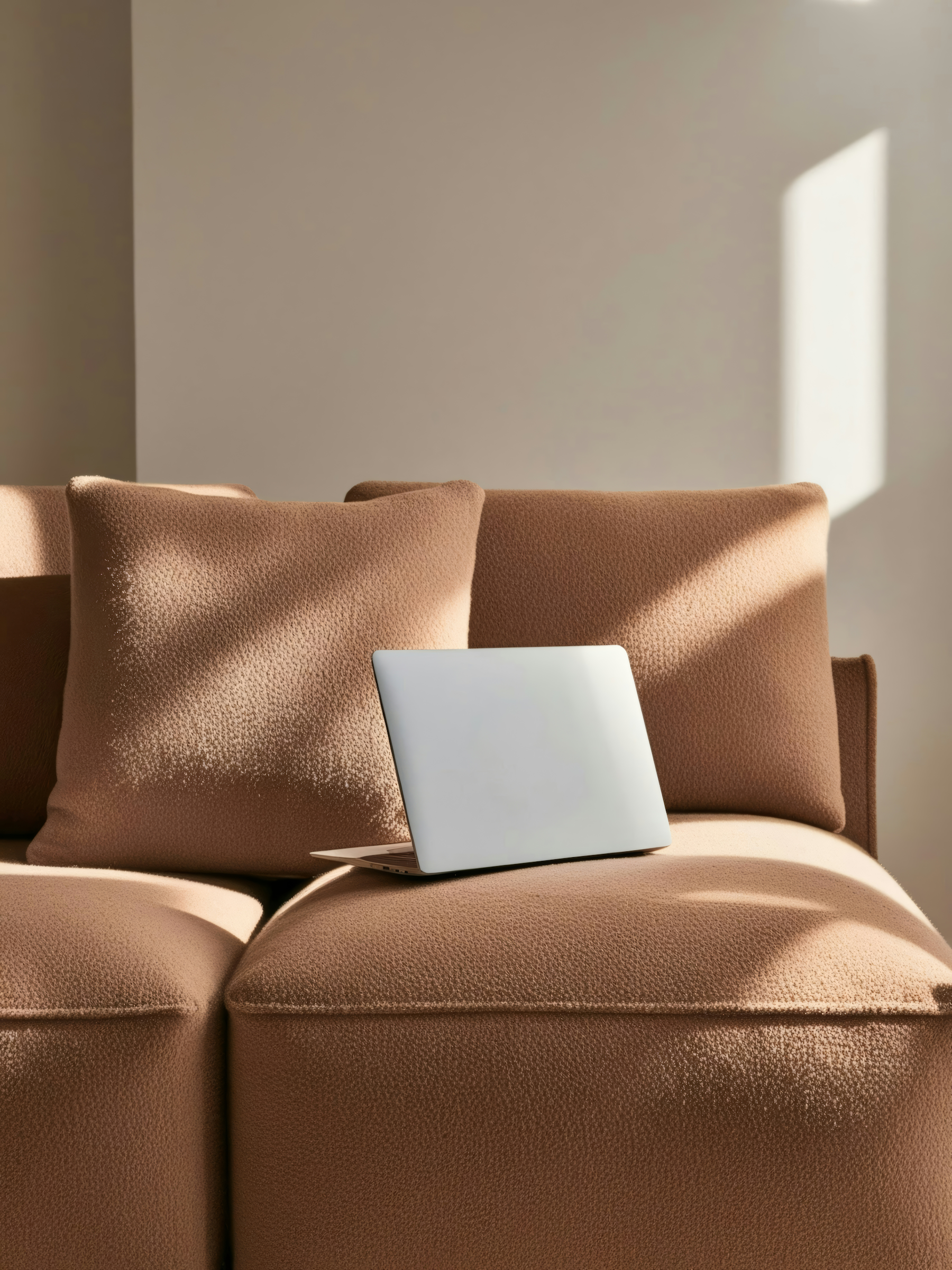 A silver laptop resting on a tan fabric sofa with two matching pillows, sunlight casting a shadow on the wall in the background.