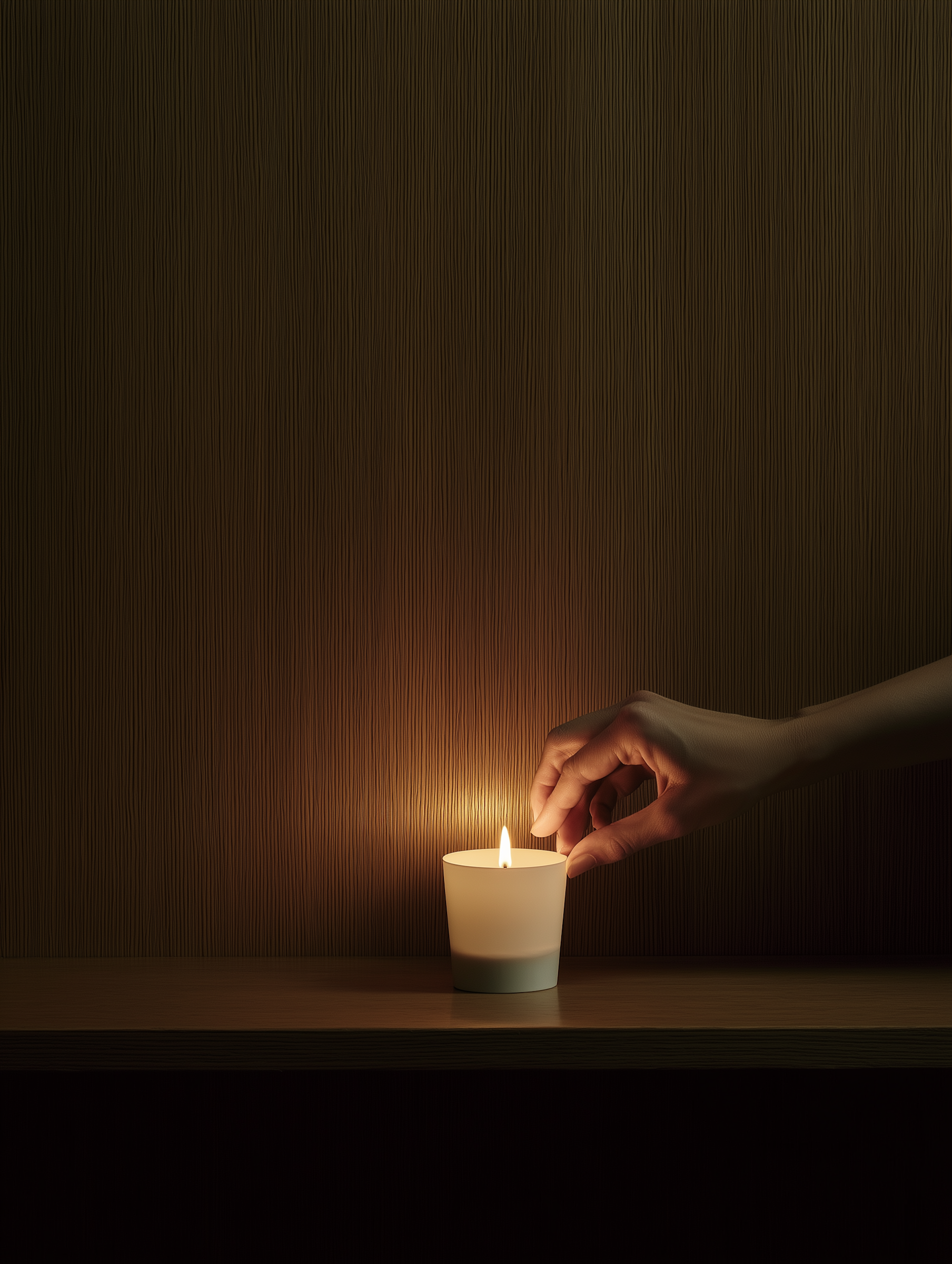 A person’s hand is lighting a white candle on a wooden table with a match, against a textured brown wall background.