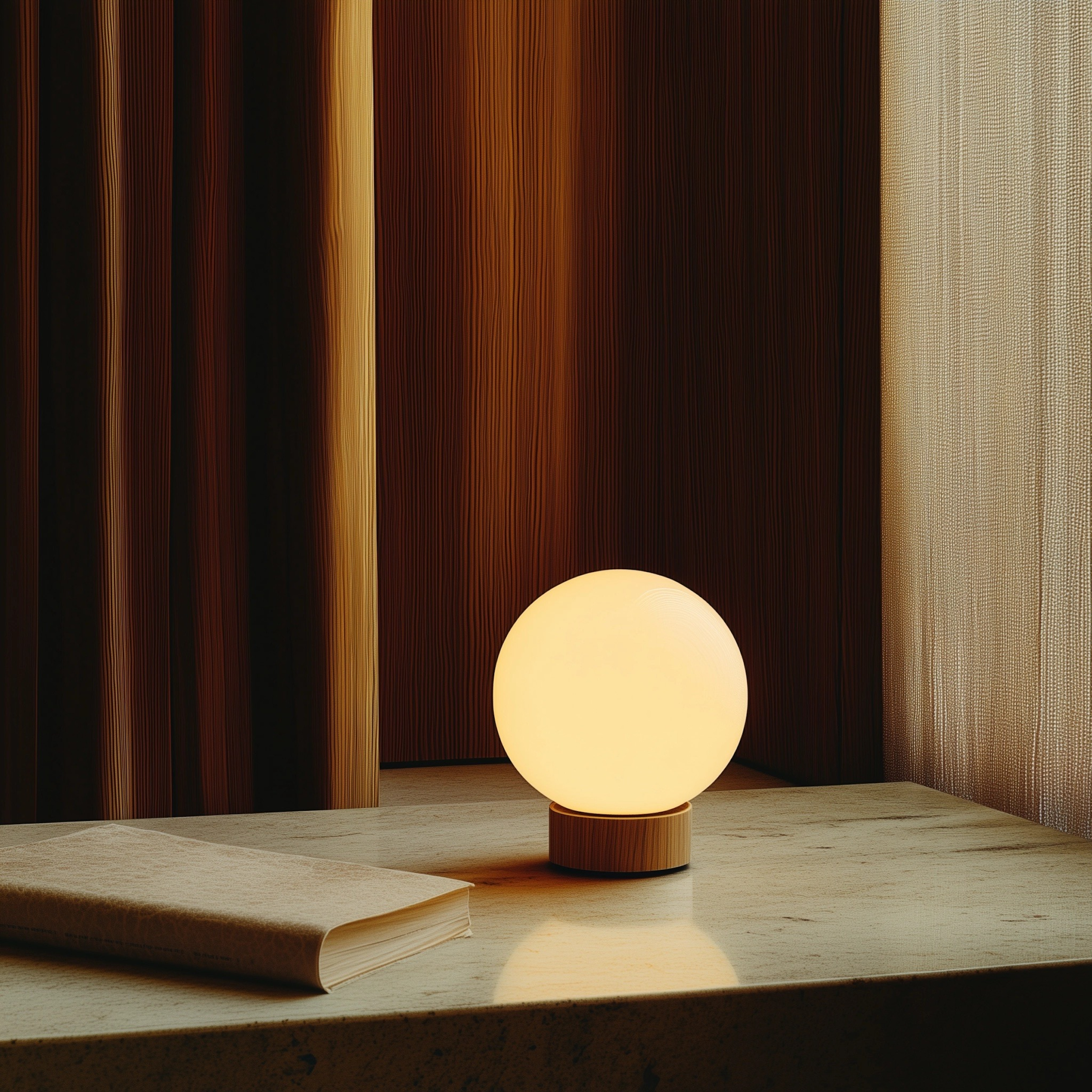 A spherical table lamp with a wooden base placed on a wooden surface, next to a closed book and against a background of vertical striped curtains in shades of brown and beige.