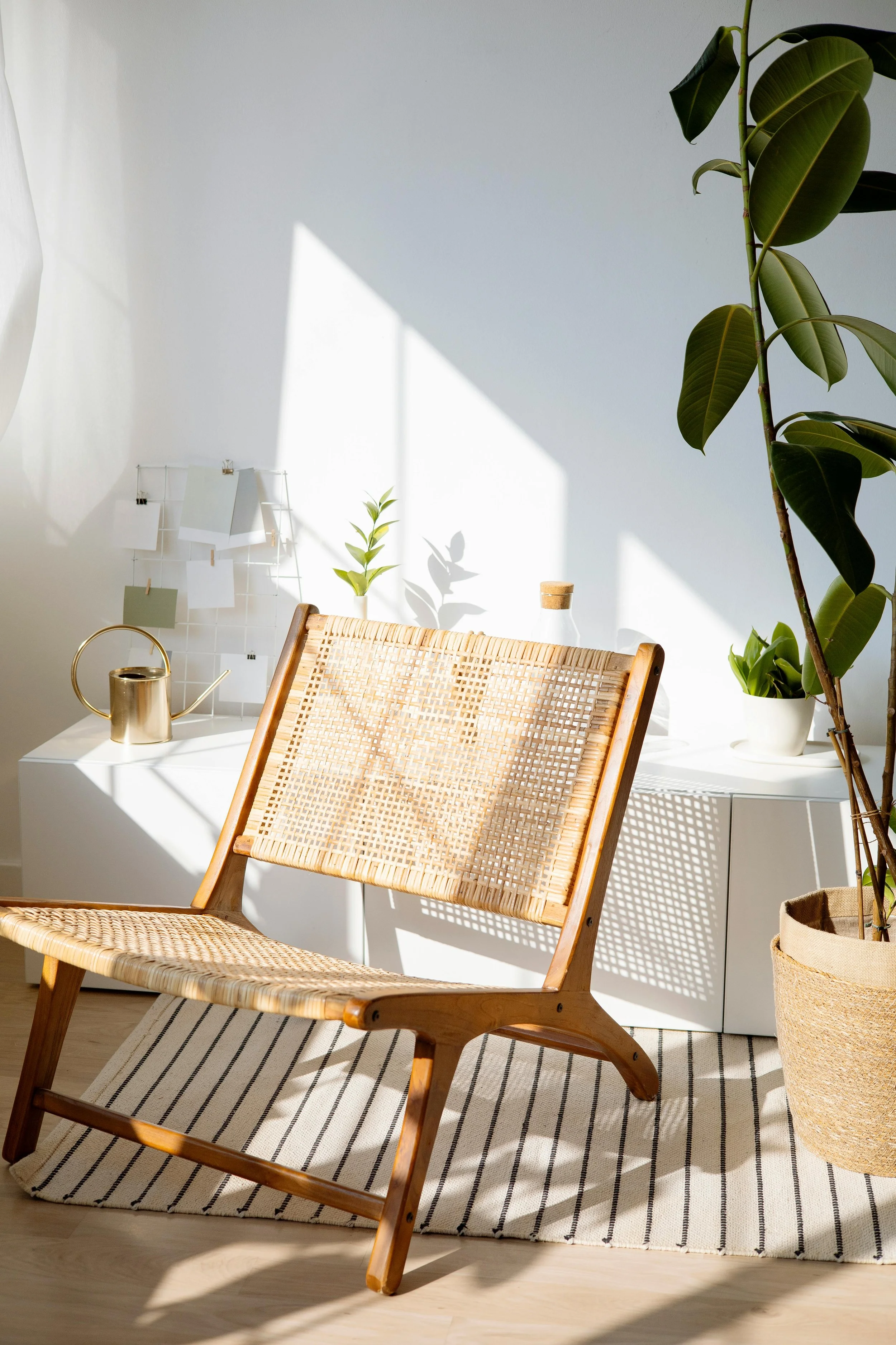 Interior of a bright room with a wooden woven chair, a white side table with plants and objects, sunlight streaming in, a striped rug, and green houseplants.