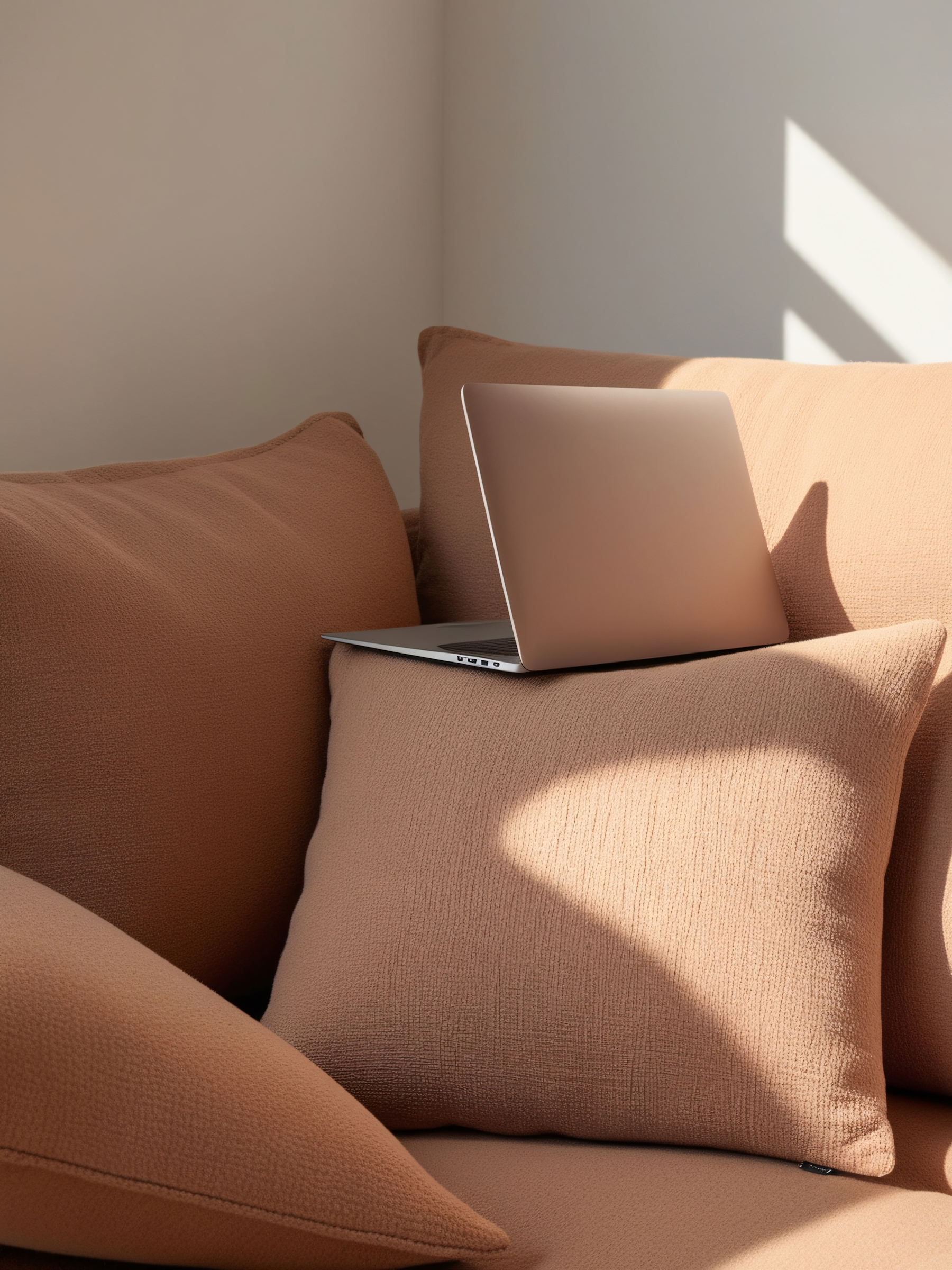 A beige sofa with three beige cushions, one of which has a laptop resting on it, in a softly lit room with sunlight streaming through window blinds.