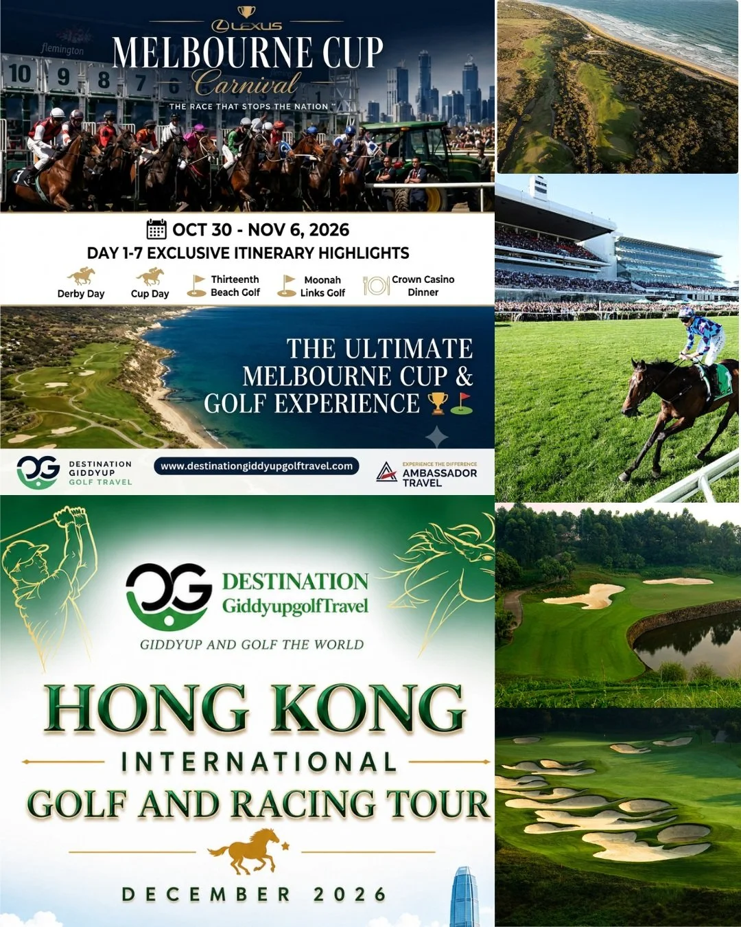 THE RACE THAT STOPS A NATION 🏇⛳
Two tours. Two unforgettable destinations. One epic finish line.

Your 2026 bucket list just got a serious upgrade.

📍 THE ULTIMATE MELBOURNE CUP &amp; GOLF EXPERIENCE
Oct 30 &ndash; Nov 6, 2026 | 7 Days of pure indu