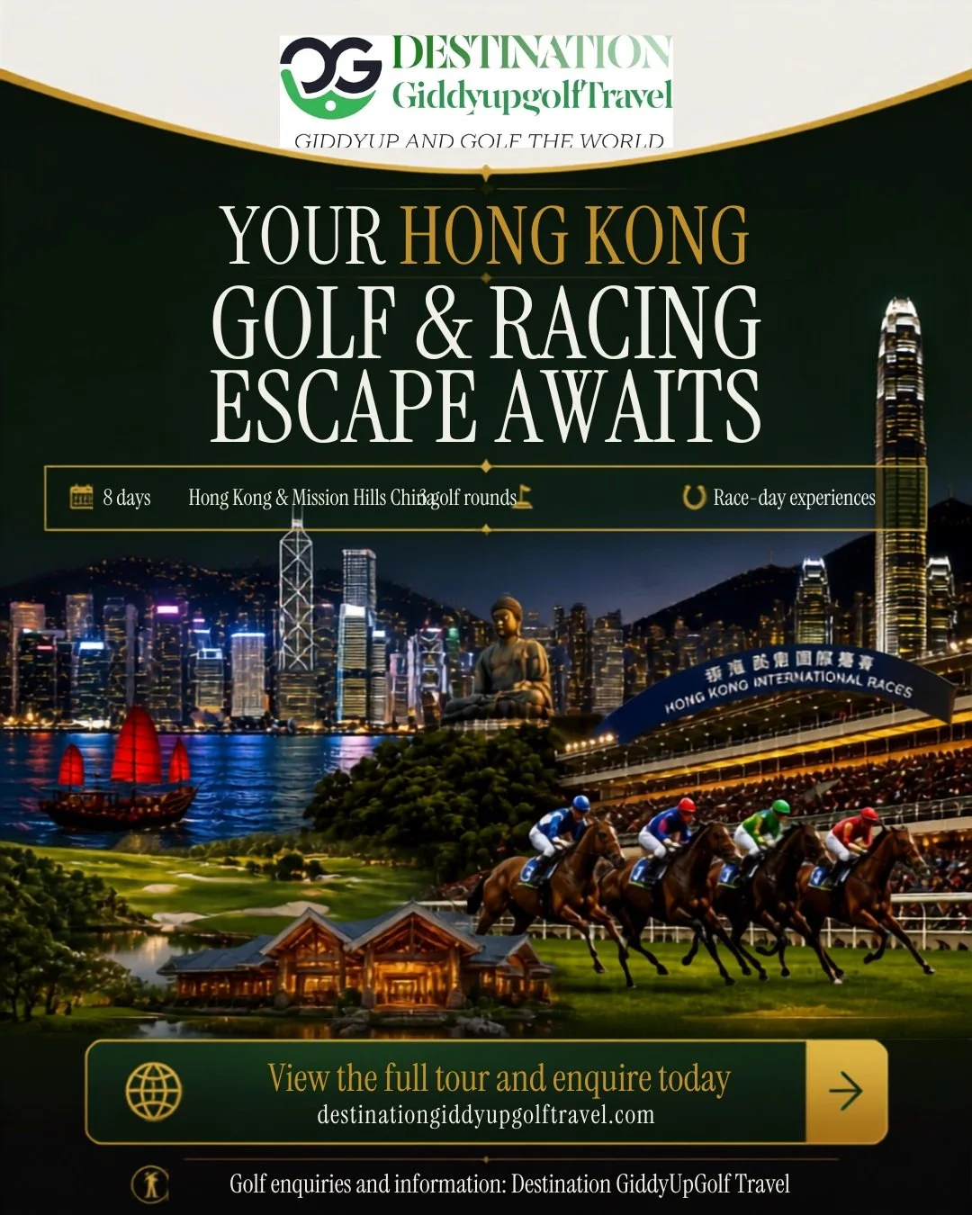 Your Hong Kong golf and racing escape awaits.

This eight-day experience includes Hong Kong and Mission Hills China, three golf rounds and unforgettable race-day experiences. Enjoy championship golf, premium accommodation, group transfers and the bes