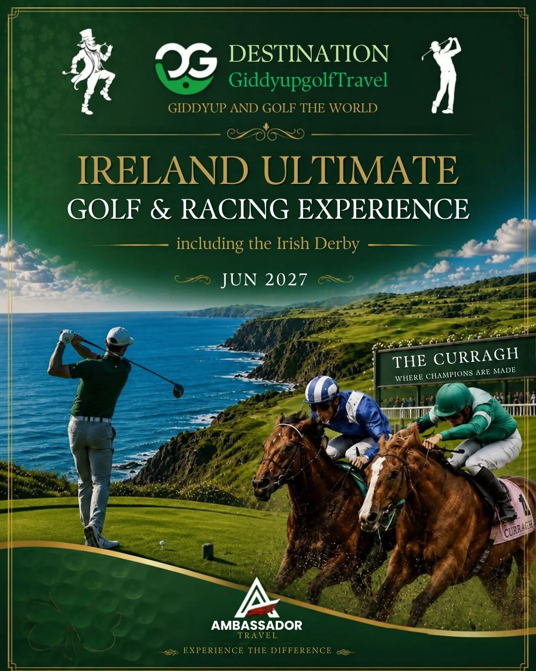 There are golf trips, and then there are journeys that give you a reason to look up from the fairway.
 
In June 2027, Destination GiddyUpGolf Travel invites you to experience Ireland through championship golf, the atmosphere of The Curragh and the wa