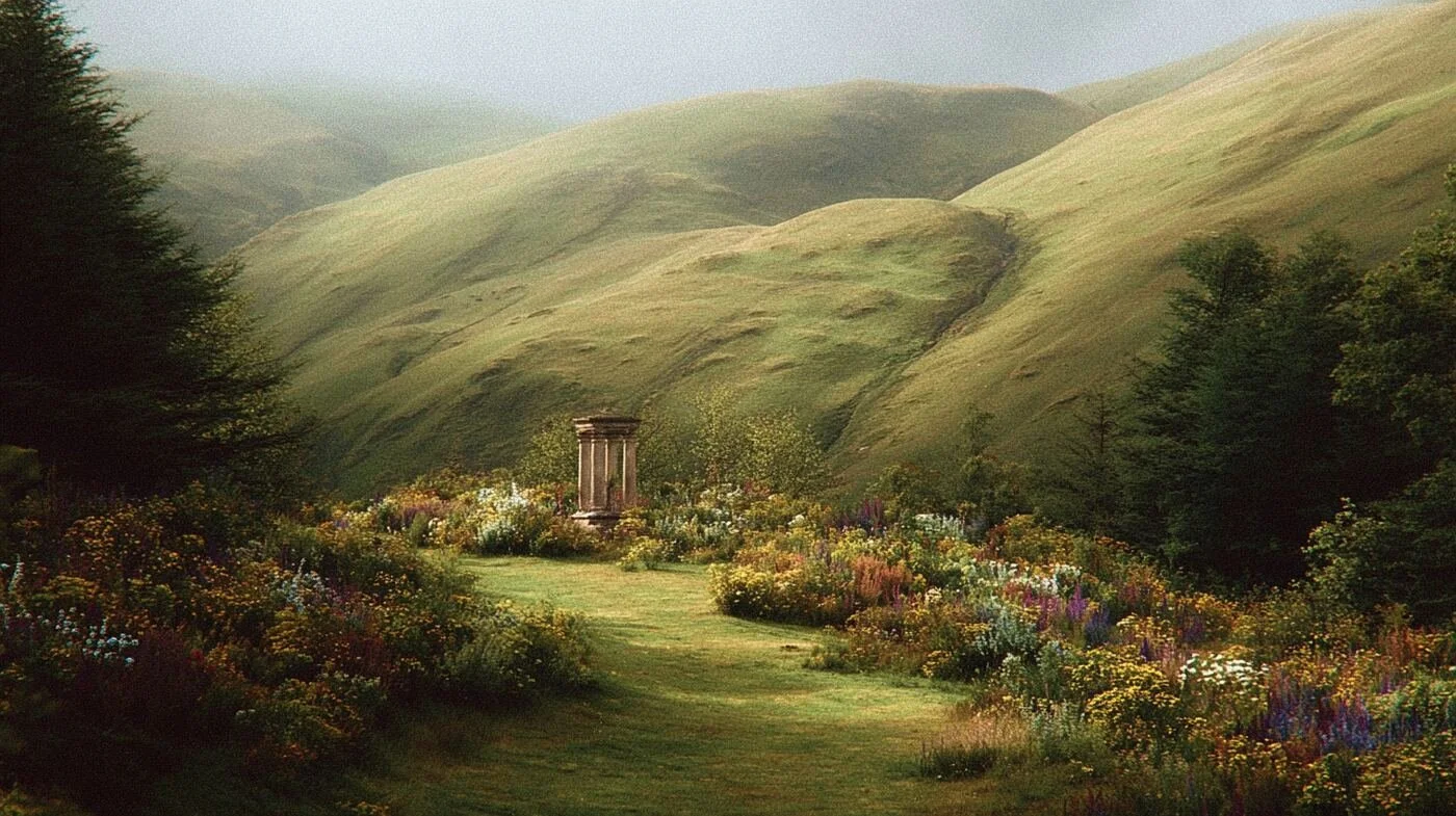 Rolling green hills and a garden path