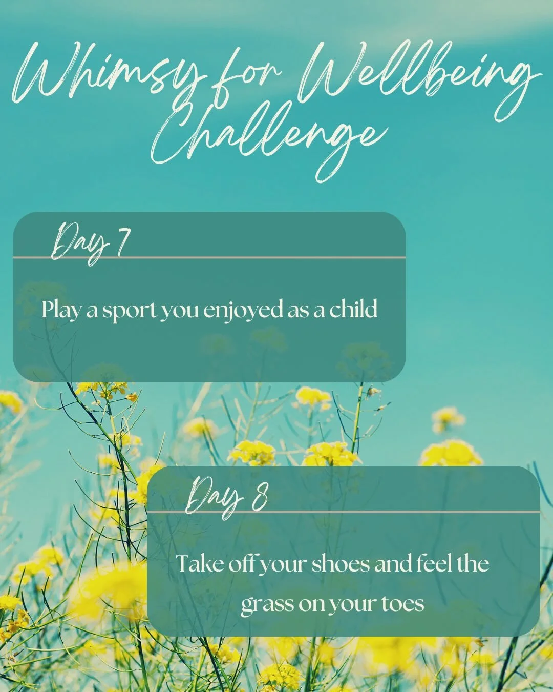#whimsyforwellbeing continues! Days 7-11 invite you to check in with your #innerchild, ground yourself in nature, and experience novelty. 

Your brain enjoys novelty because it activates your #dopamine system! Dopamine is a feel- good neurotransmitte