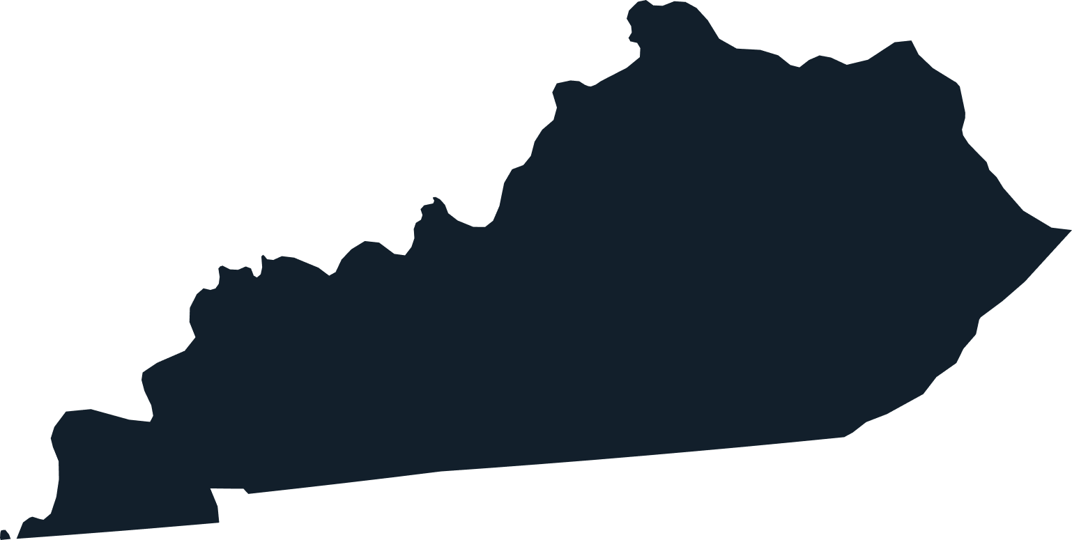 Outline map of the state of Kentucky in dark blue.