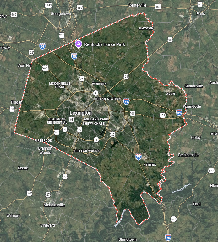Lexington Kentucky roofing service area map highlighting coverage by Roof Rx for roof repair and replacement