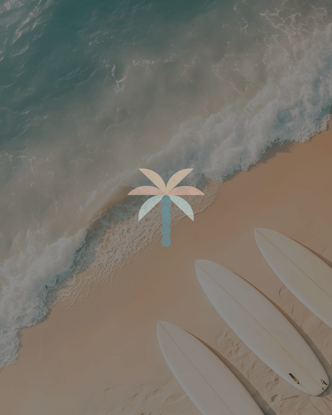 beach with surfboards and palm tree brand icon