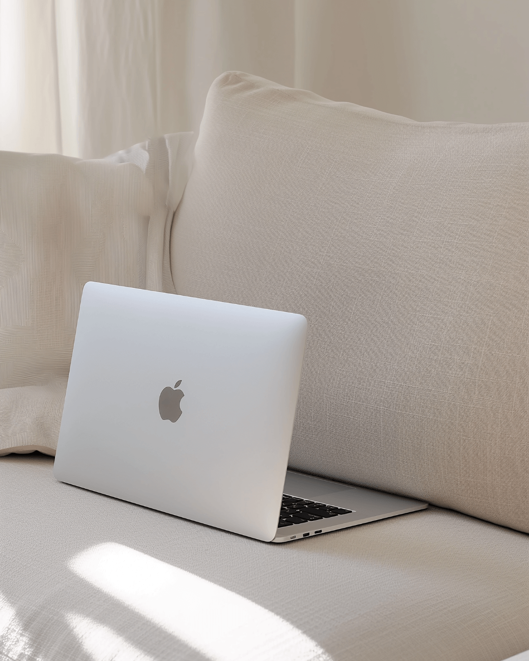 MacBook laptop open on a white lounge