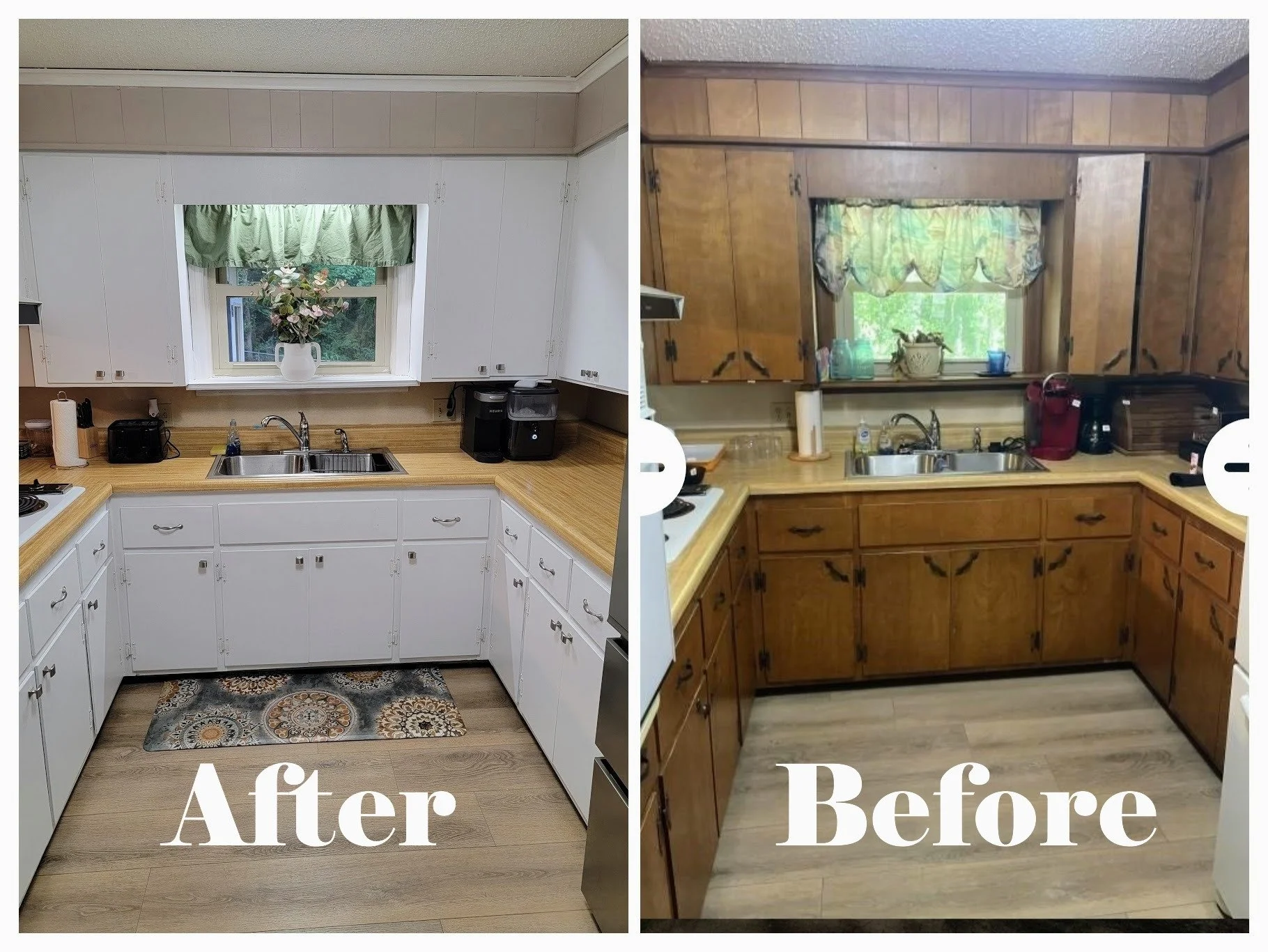 Comparison of a kitchen before and after renovation. The 'after' side has white cabinets, a wooden countertop, a decorative rug, and a fresh, modern look. The 'before' side features brown cabinets, a wooden countertop, and a more dated appearance.