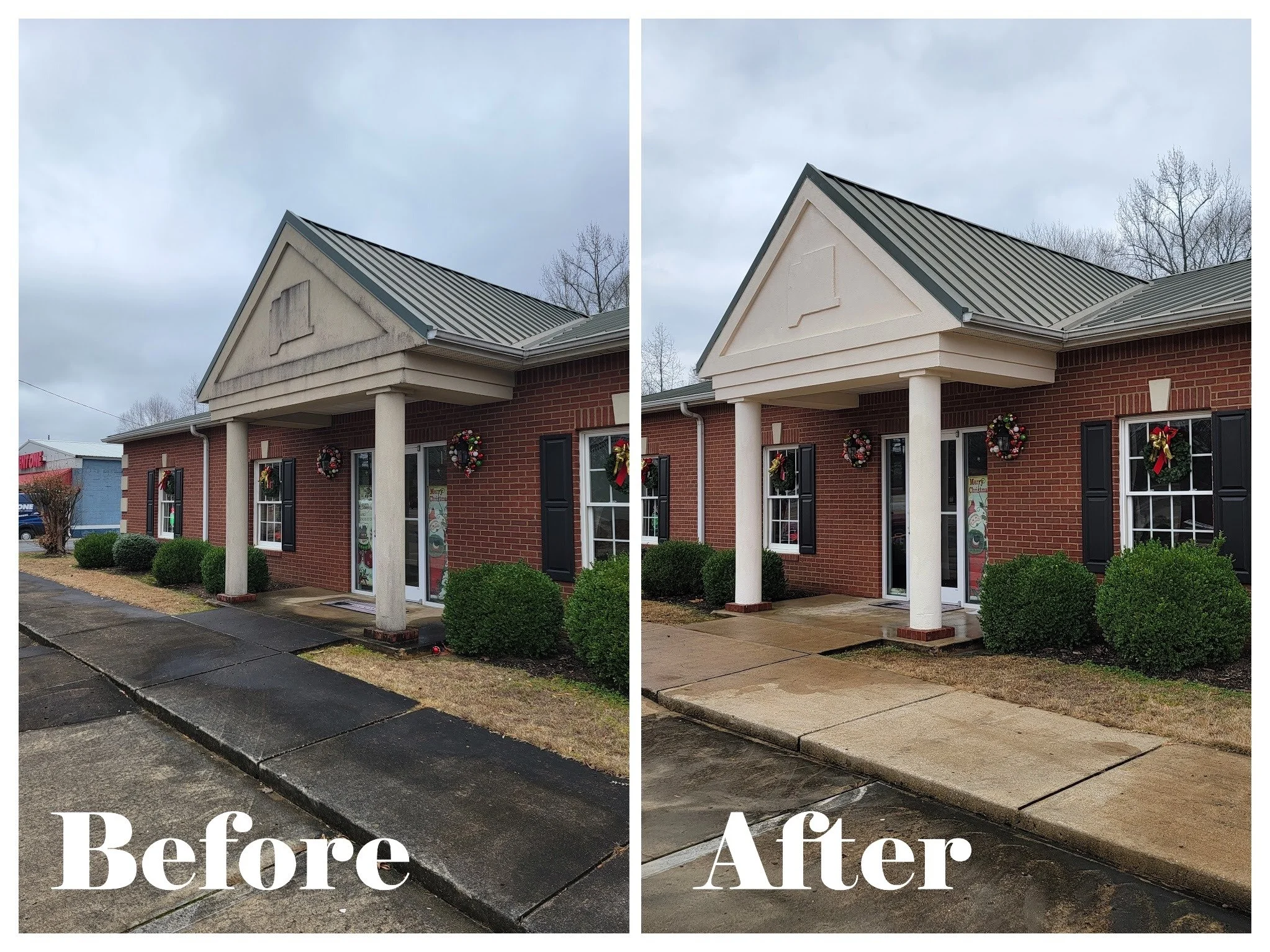 Comparison of a house before and after cleaning the house's brick exterior and concrete sidewalk. The house has three Christmas wreaths on the windows, and the porch columns have some discoloration in the before image that is cleaned up in the after 