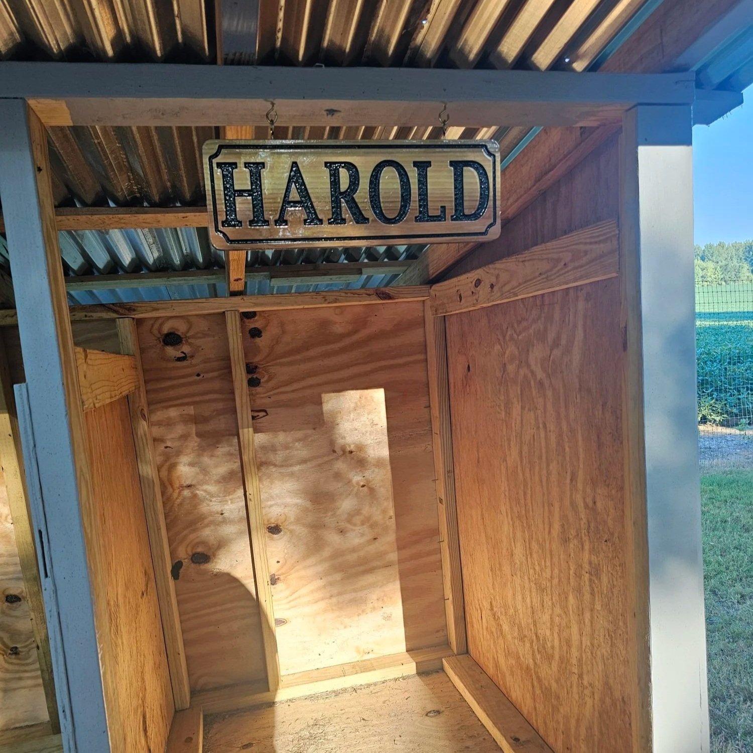 Wooden structure with a sign hanging that reads 'Harold'