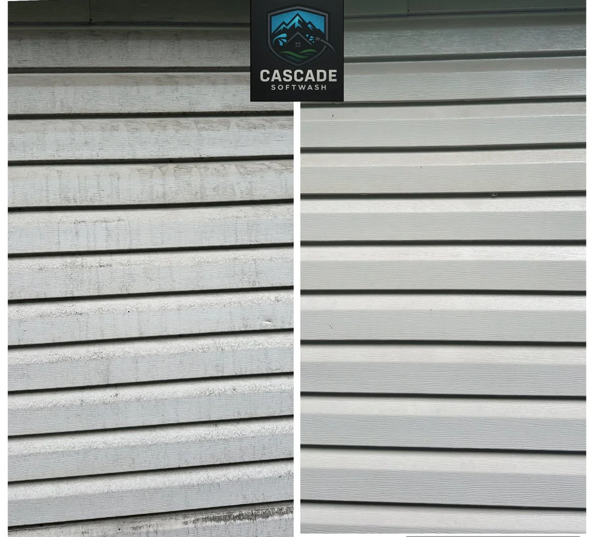 Comparison of old and new siding on a house. The left side shows weathered, dirty siding, while the right side has clean, new siding, with a 'Cascade Soft Wash' sign above.