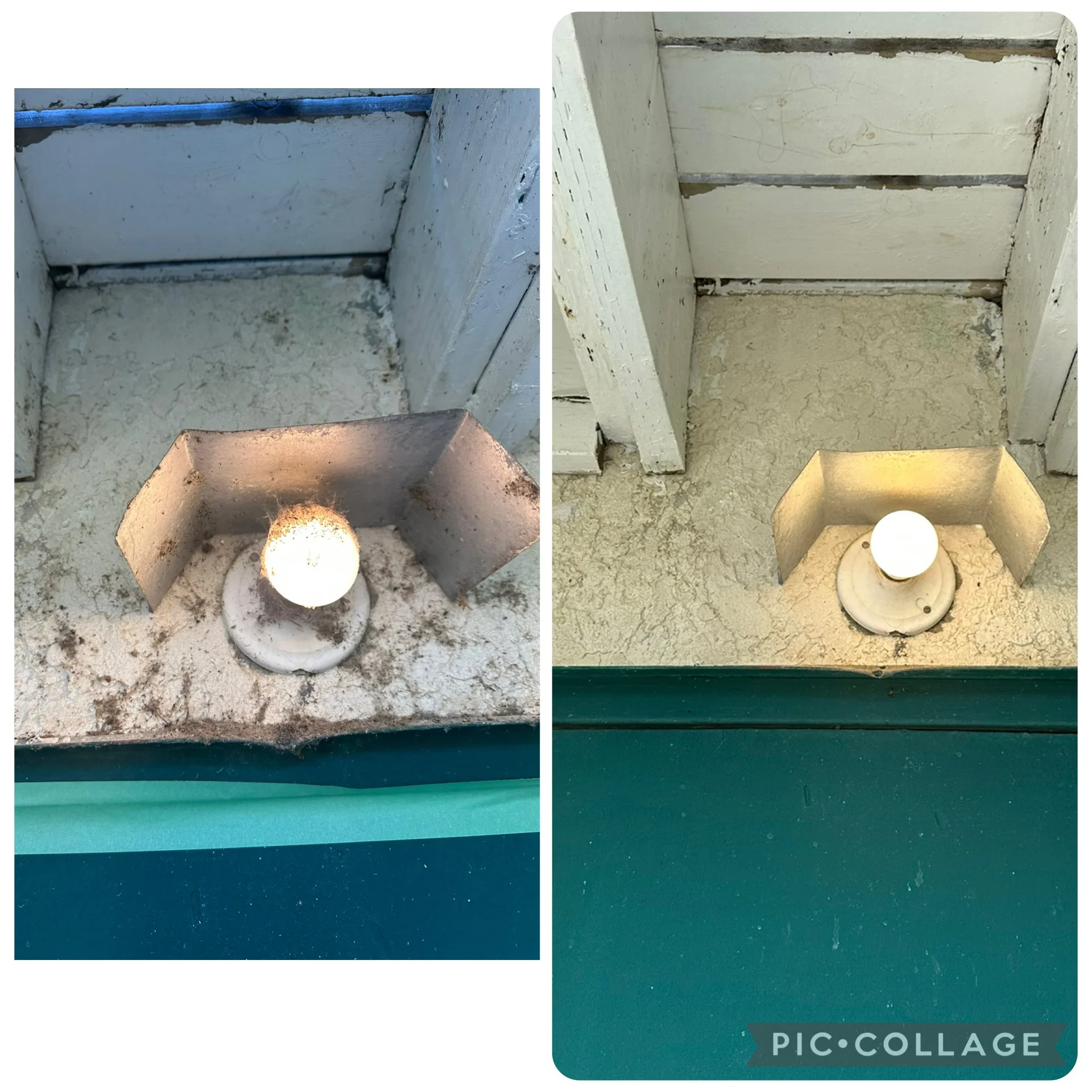 Comparison of a dirty and a cleaned section of a white painted surface on drywall with a lighted candle at the bottom
