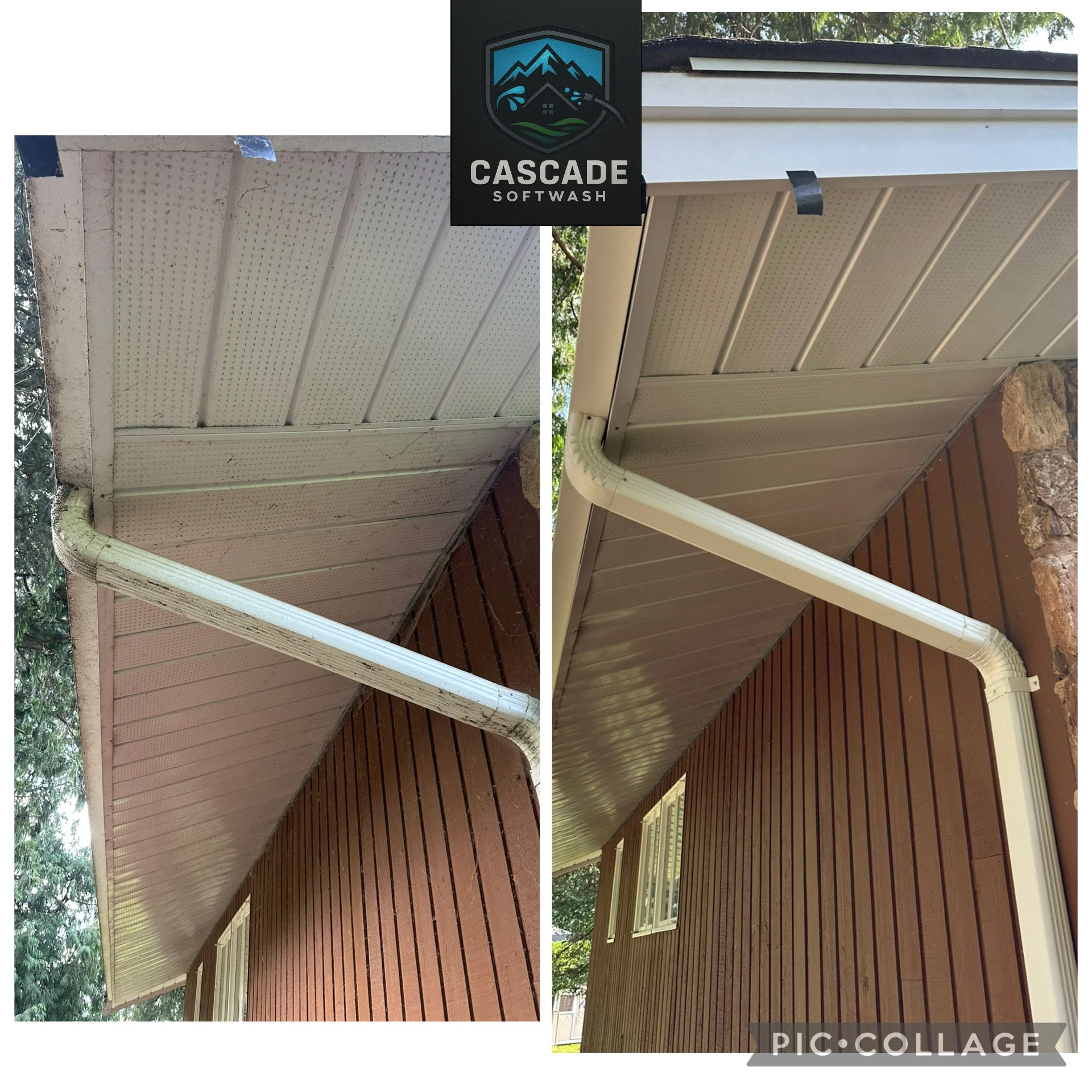 Comparison of a house gutter and soffit before and after cleaning, with the logo of Cascade Softwash in the center.