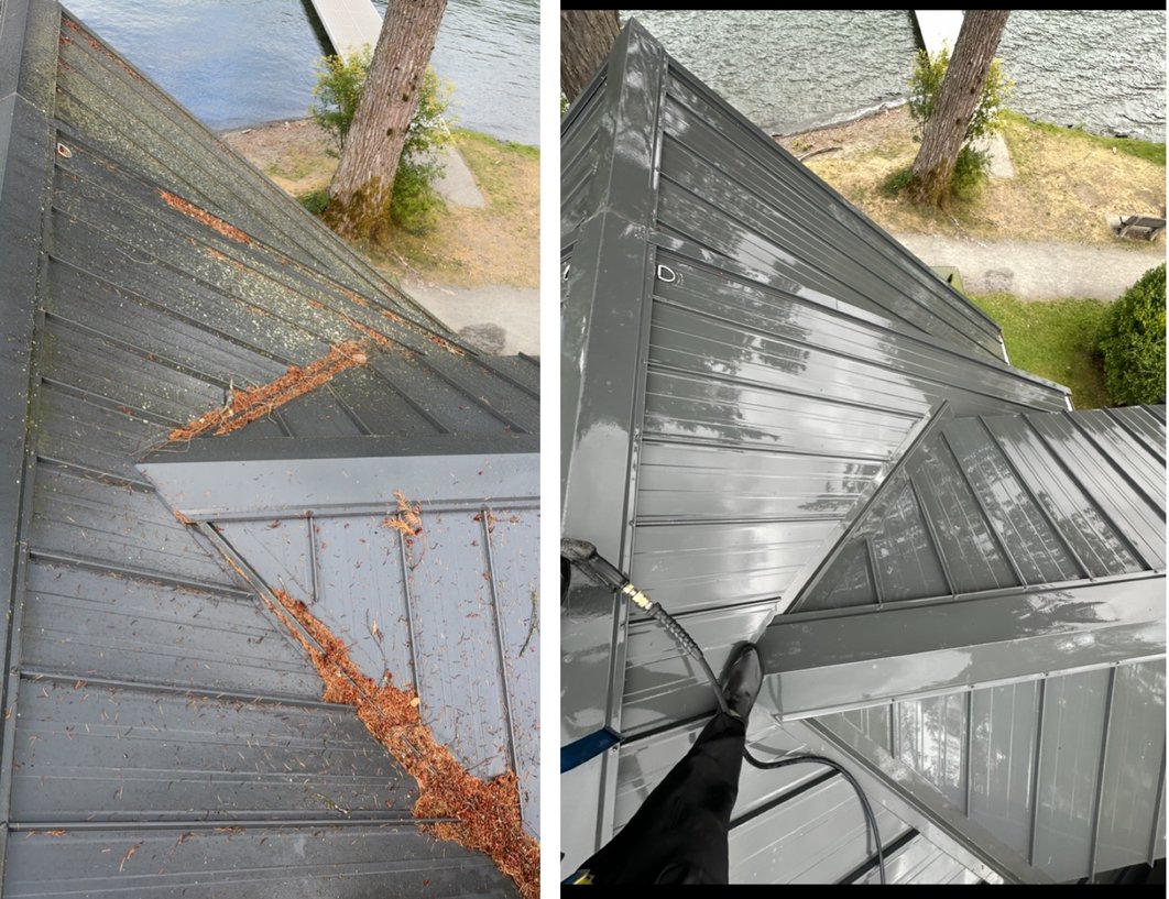 Side-by-side photos of a metal roof, with the left image showing an old, rusted, and damaged roof, and the right image showing a cleaned and freshly painted roof being pressure washed.