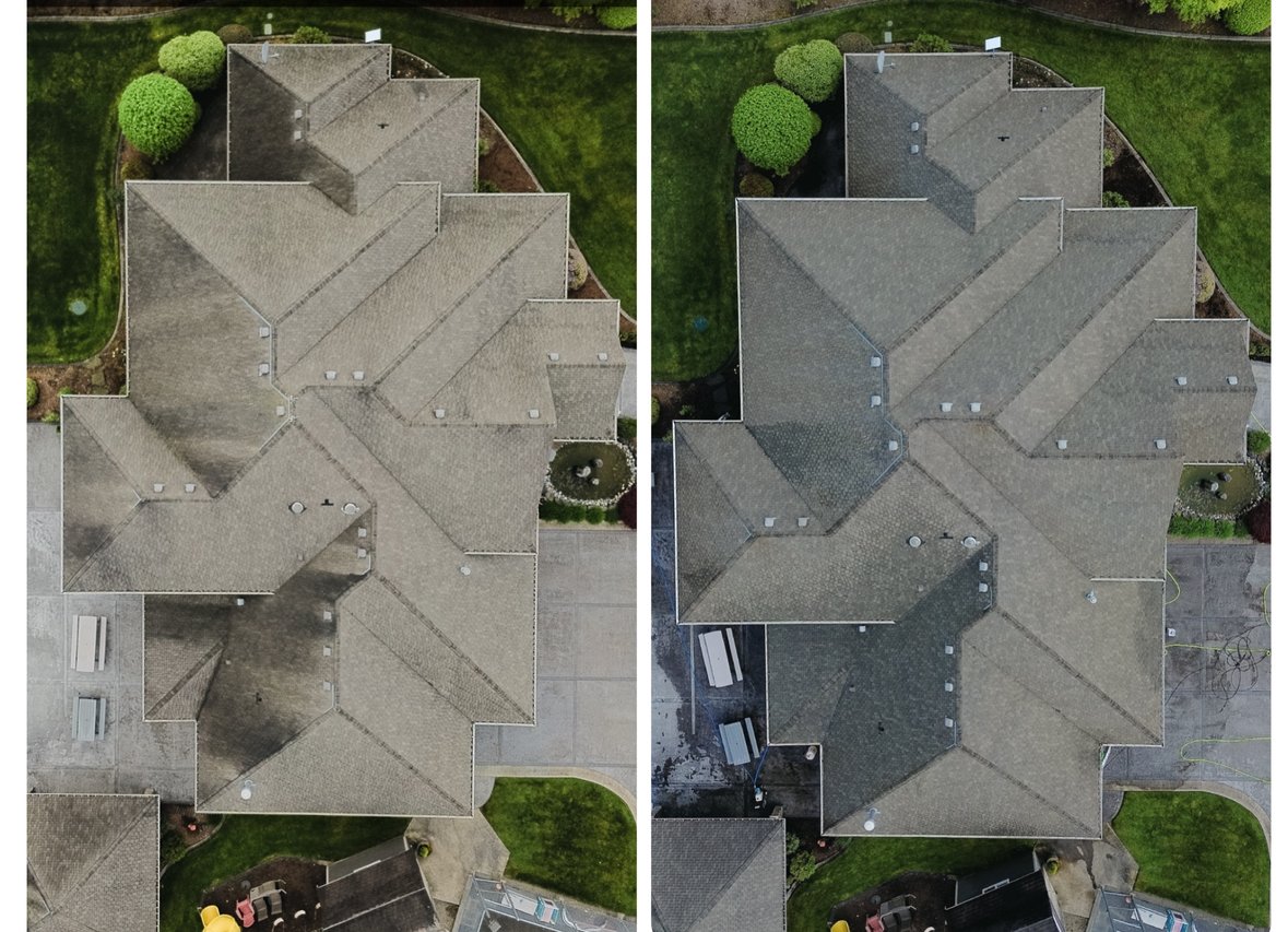 A side-by-side comparison of two aerial views of the same house. The left image shows the house with a cleaner, lighter roof, while the right image shows the darker, dirtier roof.