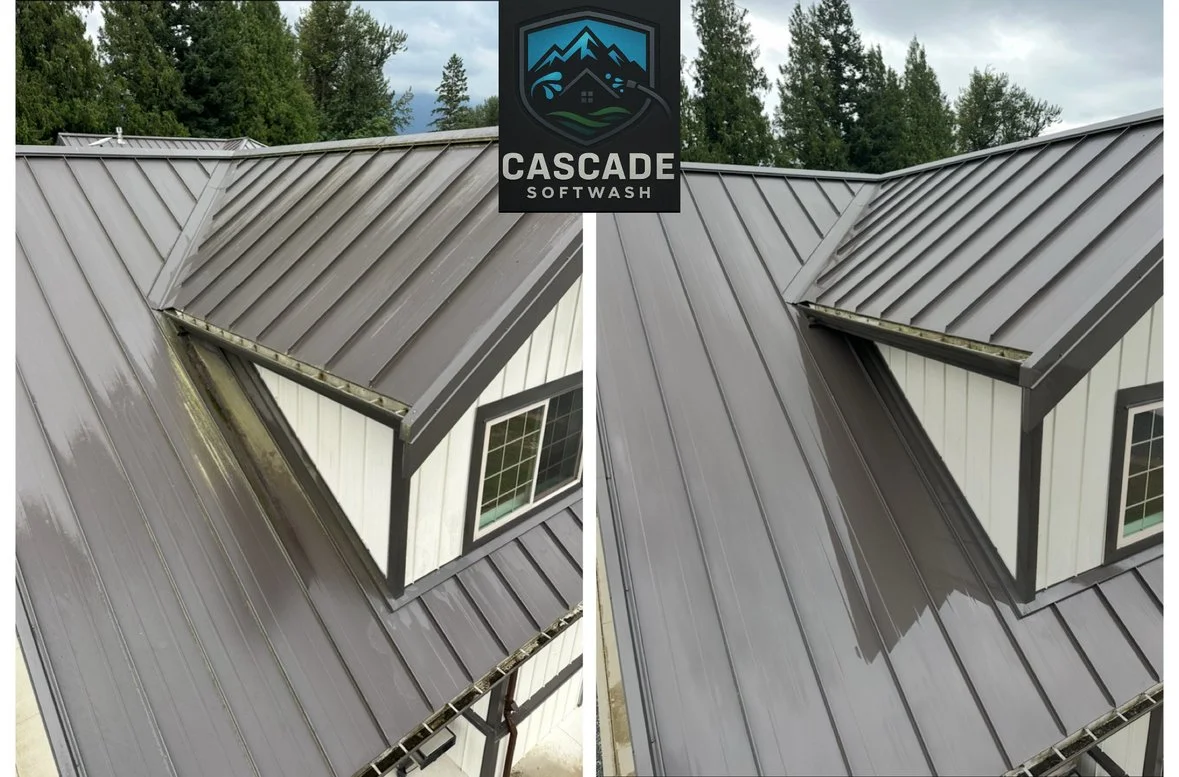 A side-by-side comparison of a metal roof before and after cleaning, showing a cleaner, shinier surface on the right.