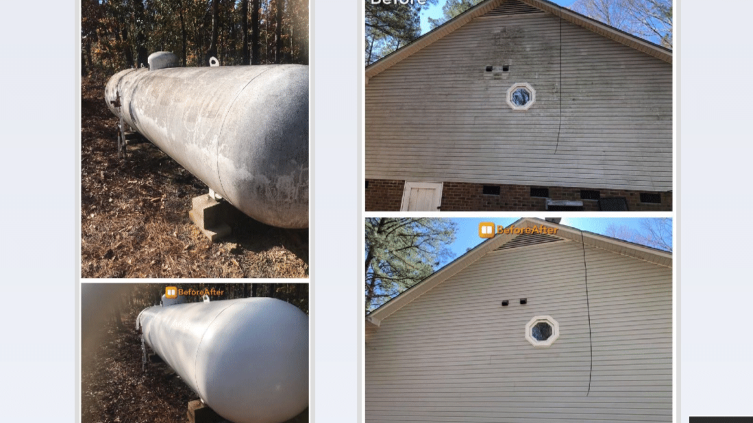 Comparison of a large white propane tank before and after cleaning, and a house's exterior wall before and after cleaning or renovation.