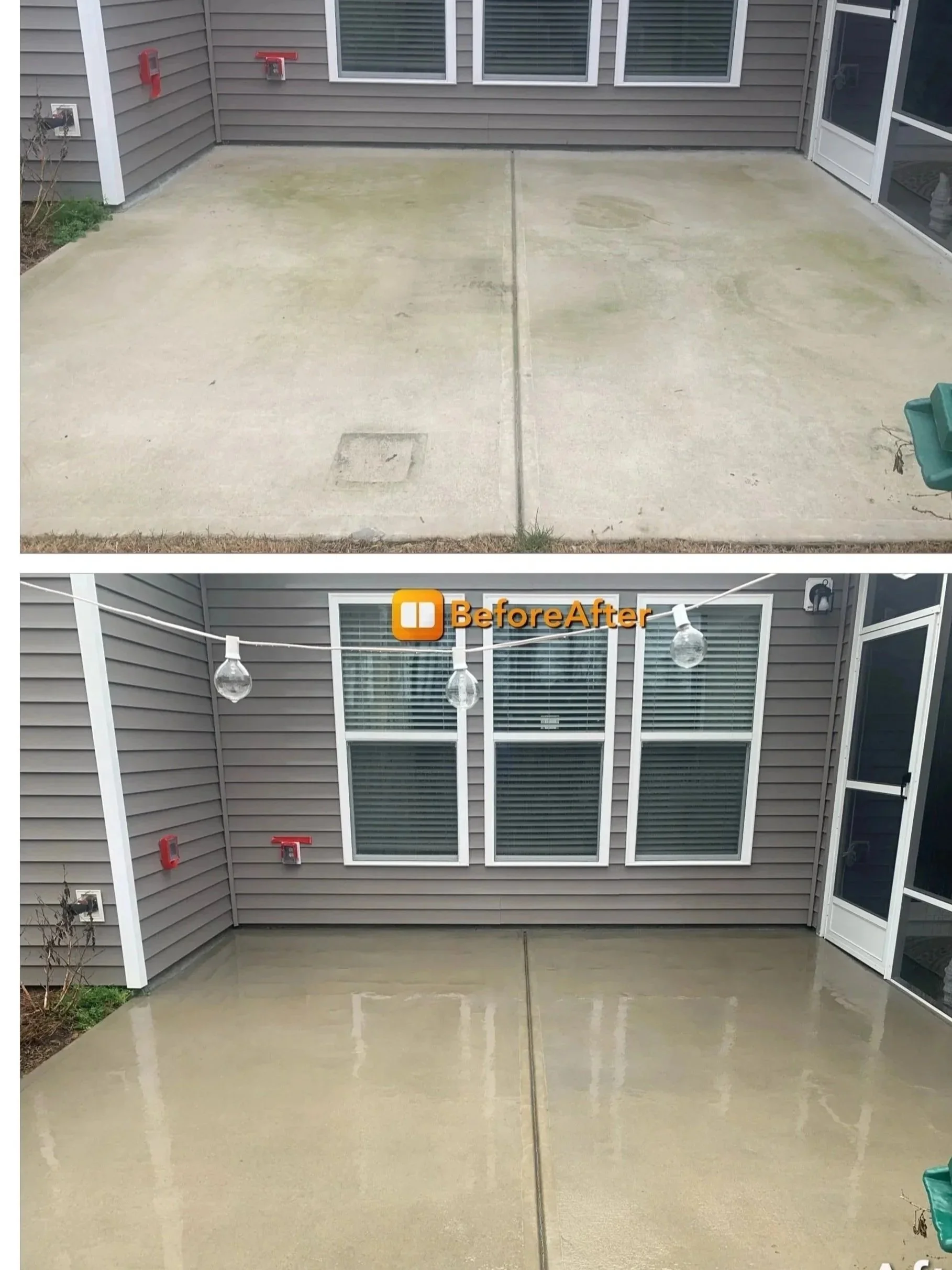 Side-by-side comparison of a concrete patio before and after cleaning and sealing. The top shows the dirty, stained surface, and the bottom shows the clean, sealed, and wet surface reflecting the house windows and string lights.