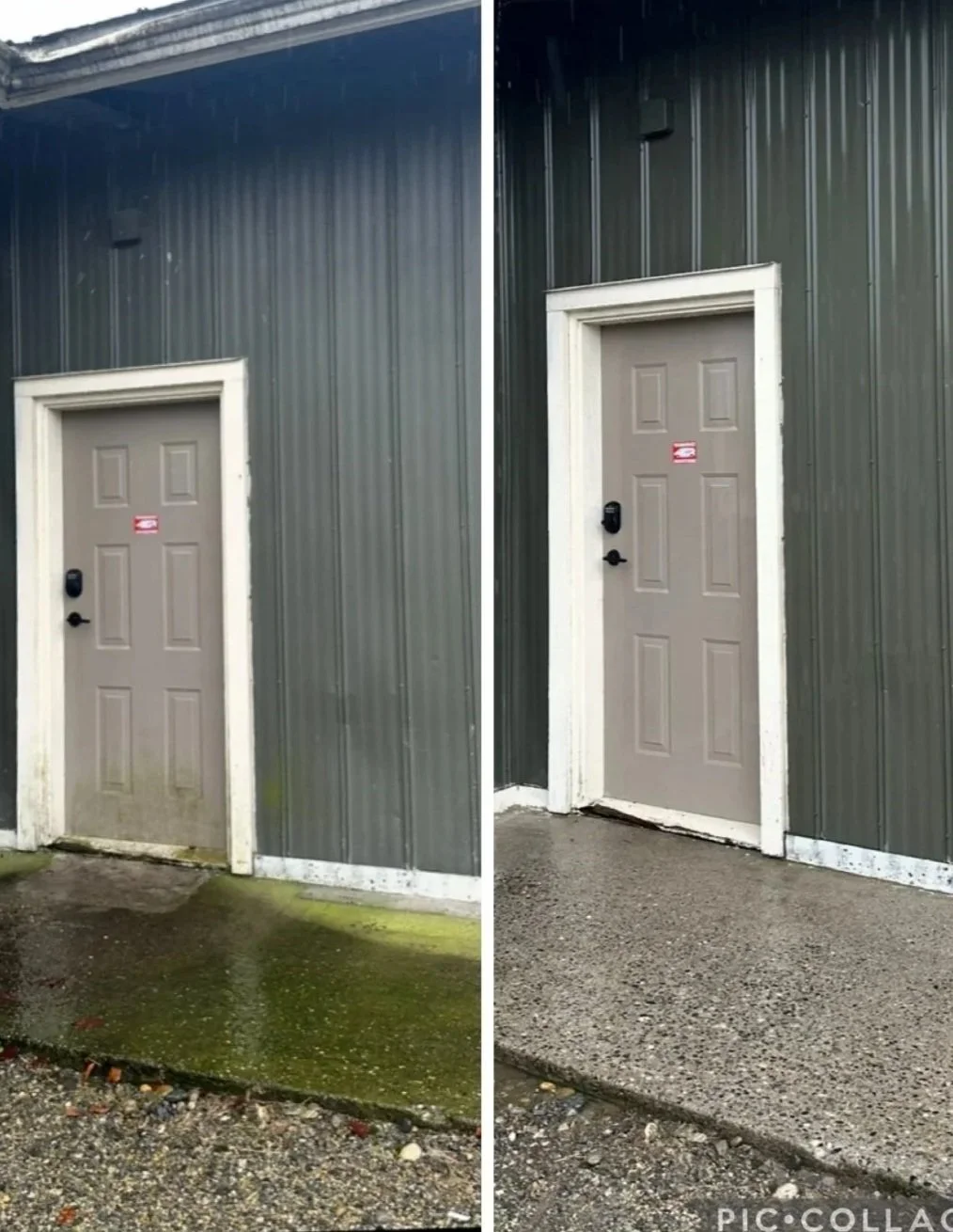 Before and after side-by-side photos of a building door, showing a cleaning transformation; the left side shows a dirty, moss-covered concrete step, the right side shows a clean, dry concrete step.