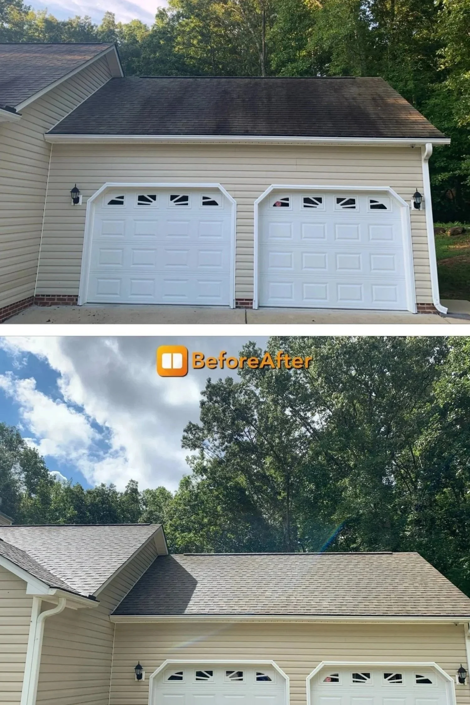 Side-by-side comparison of a house garage before and after roof cleaning. The "Before" shows a dark, stained roof, while the "After" displays a clean, light-colored roof with sunlight shining on it.