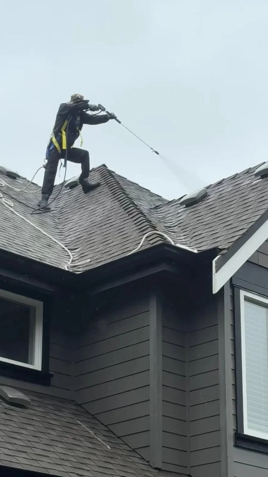 A person standing on the roof of a house, using a power washer to clean the shingles.