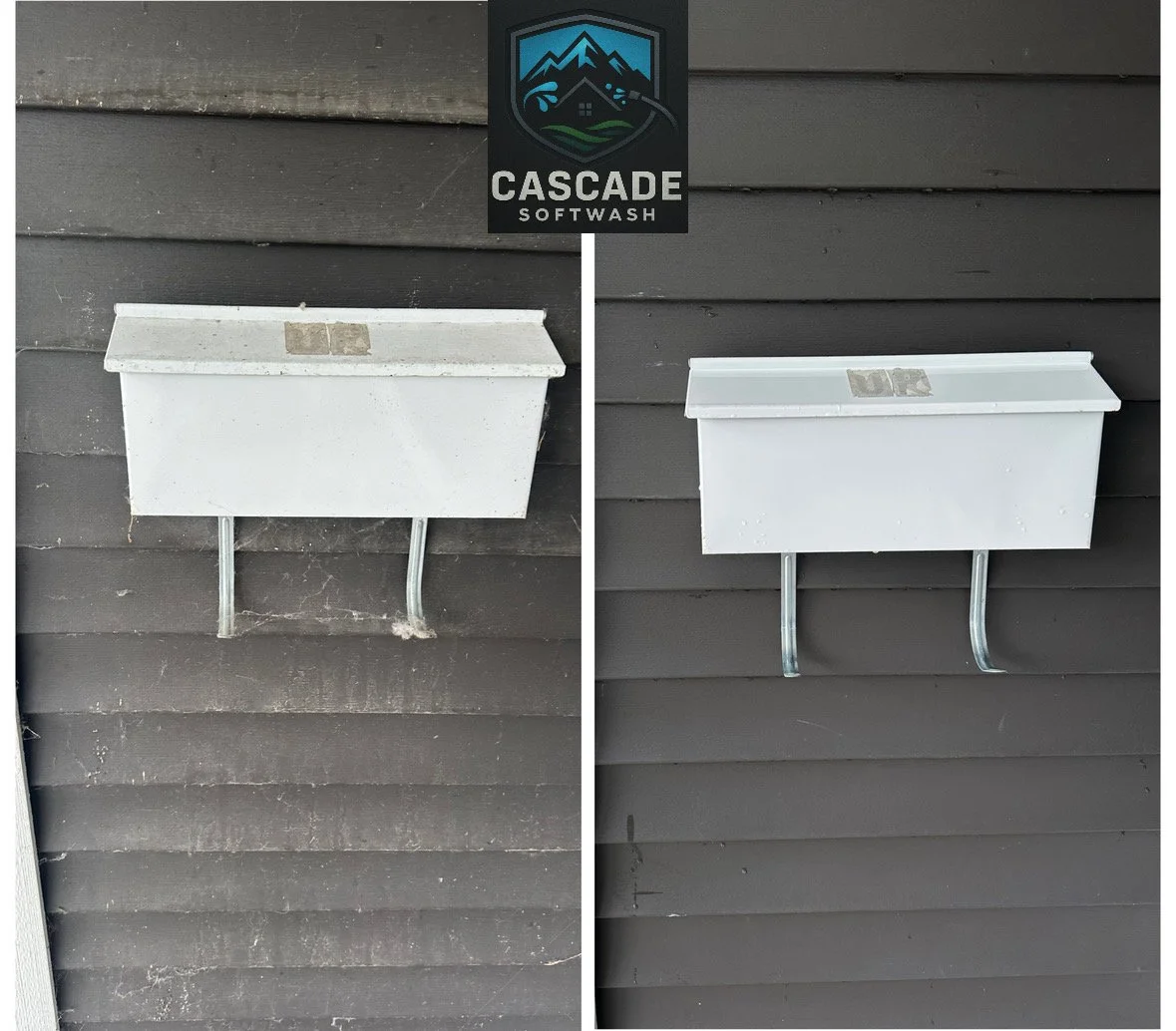 Comparison of two outdoor mailboxes mounted on a dark gray wall, showing cleaning or repainting differences.