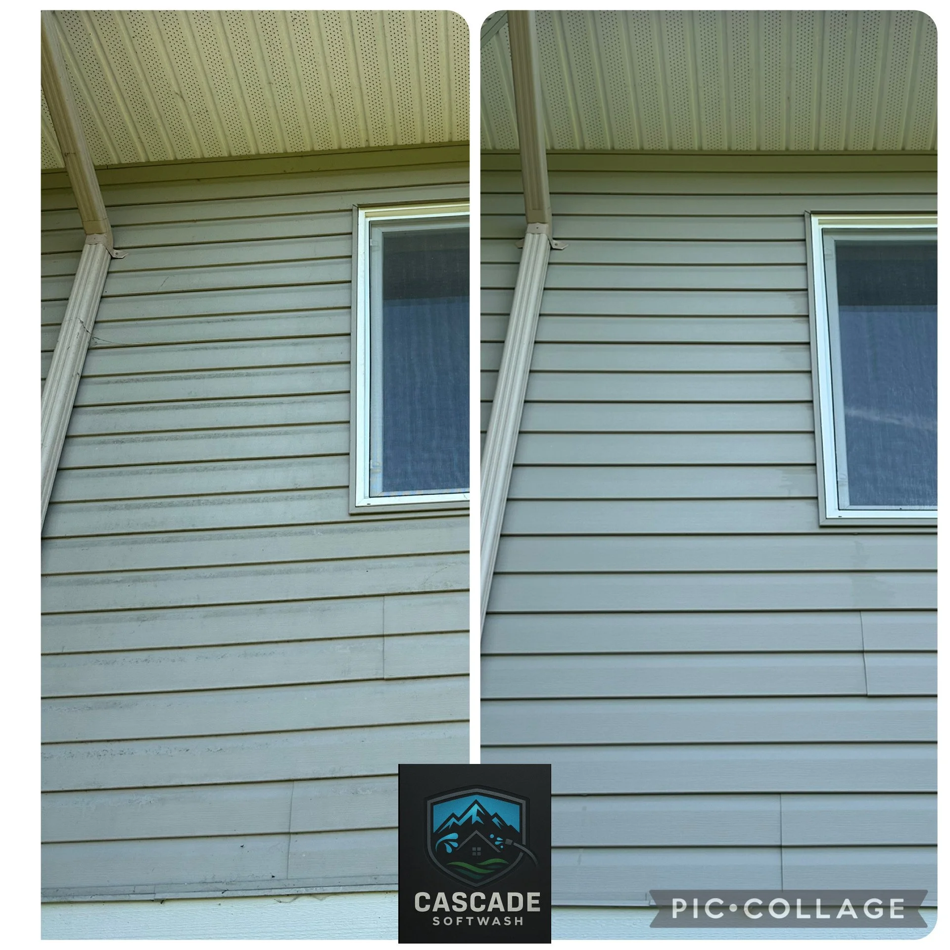 Side-by-side comparison of a house's exterior siding and window with a downward-sloping gutter pipe. The left side shows an older, slightly stained siding with a damaged gutter. The right side shows a clean, new siding and an intact gutter. A Cascade