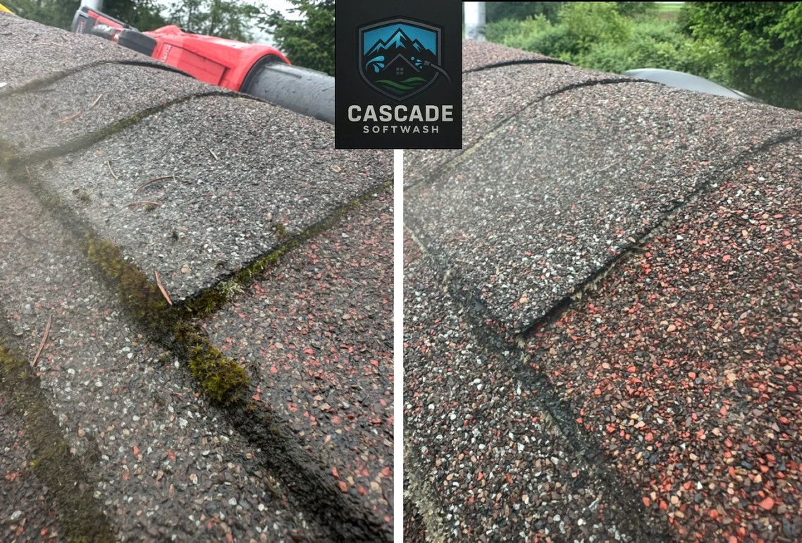 Comparison of a roof with moss and algae buildup on the left side and a clean roof on the right side, with a Cascades Softwash logo at the top center.