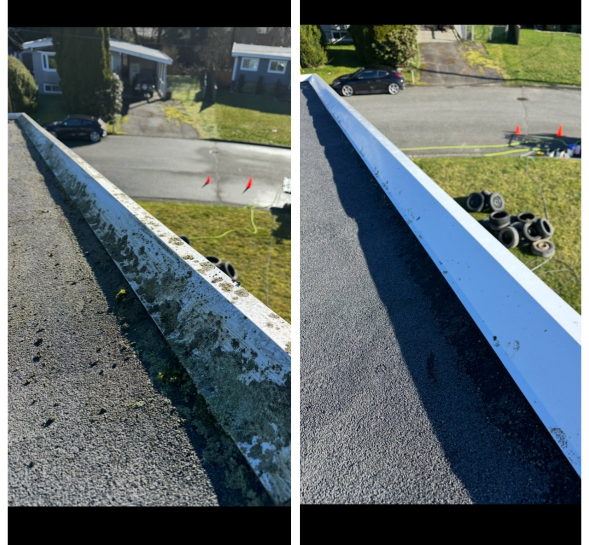 Comparison of a worn-out, dirty roof edge with peeling paint on the left and a newly painted, clean roof edge on the right.