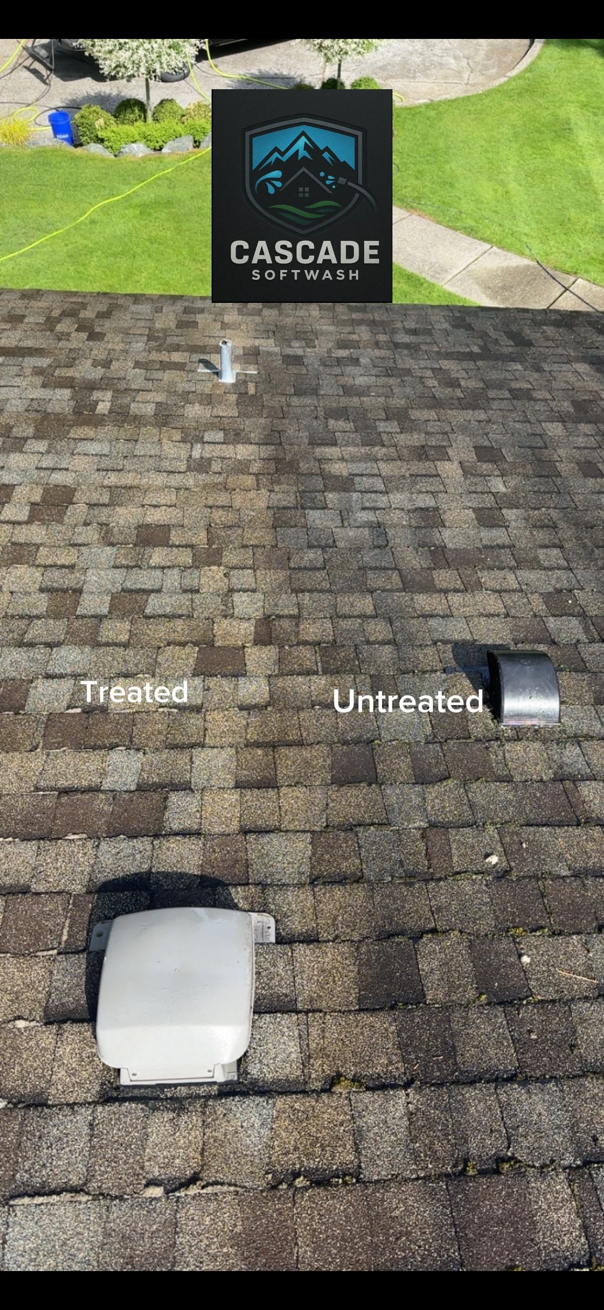 Comparison of treated and untreated roofing shingles showing difference in appearance with labels 'Treated' and 'Untreated'.