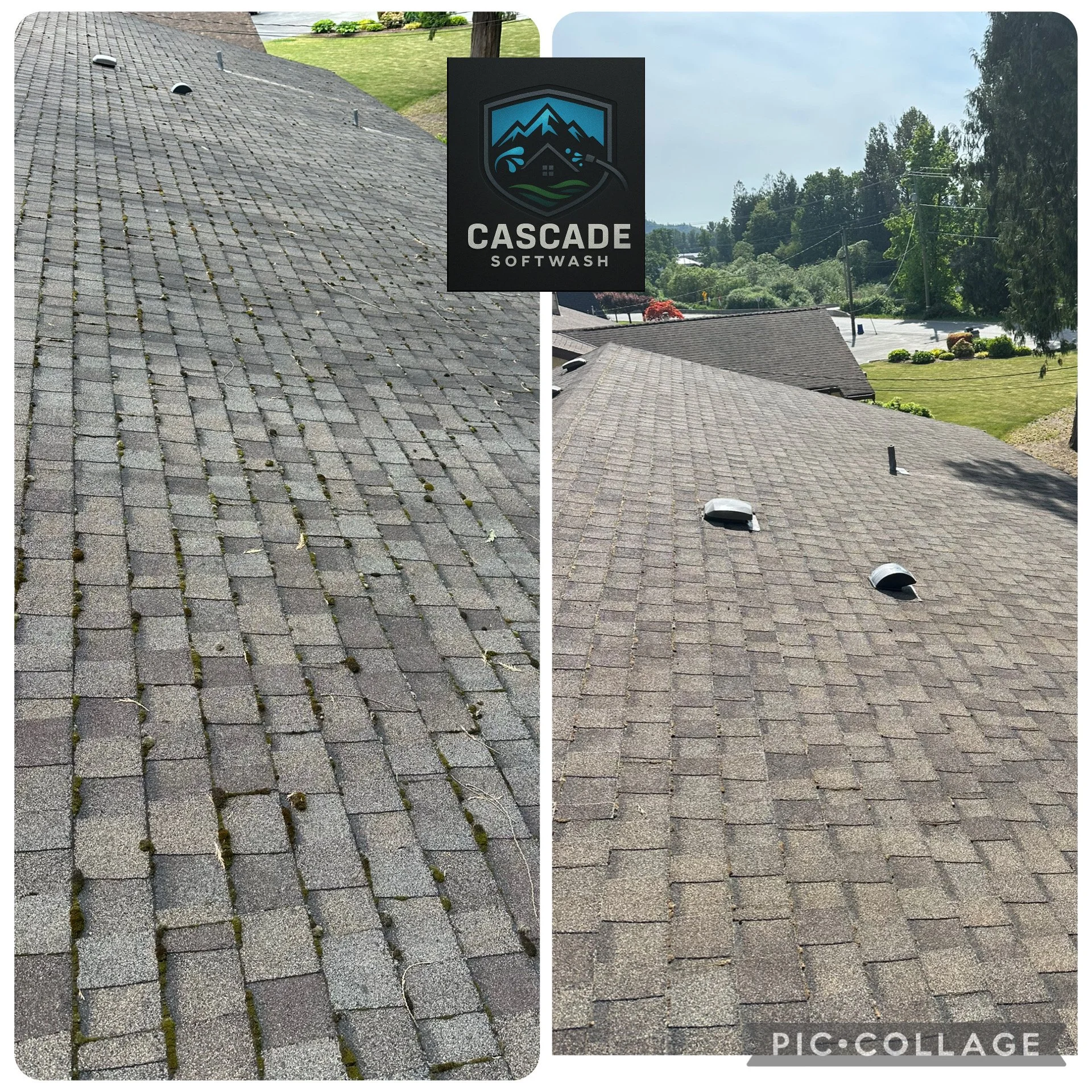 Side-by-side comparison of a roof before and after power washing, with the logo of Cascade Softwash in the center.