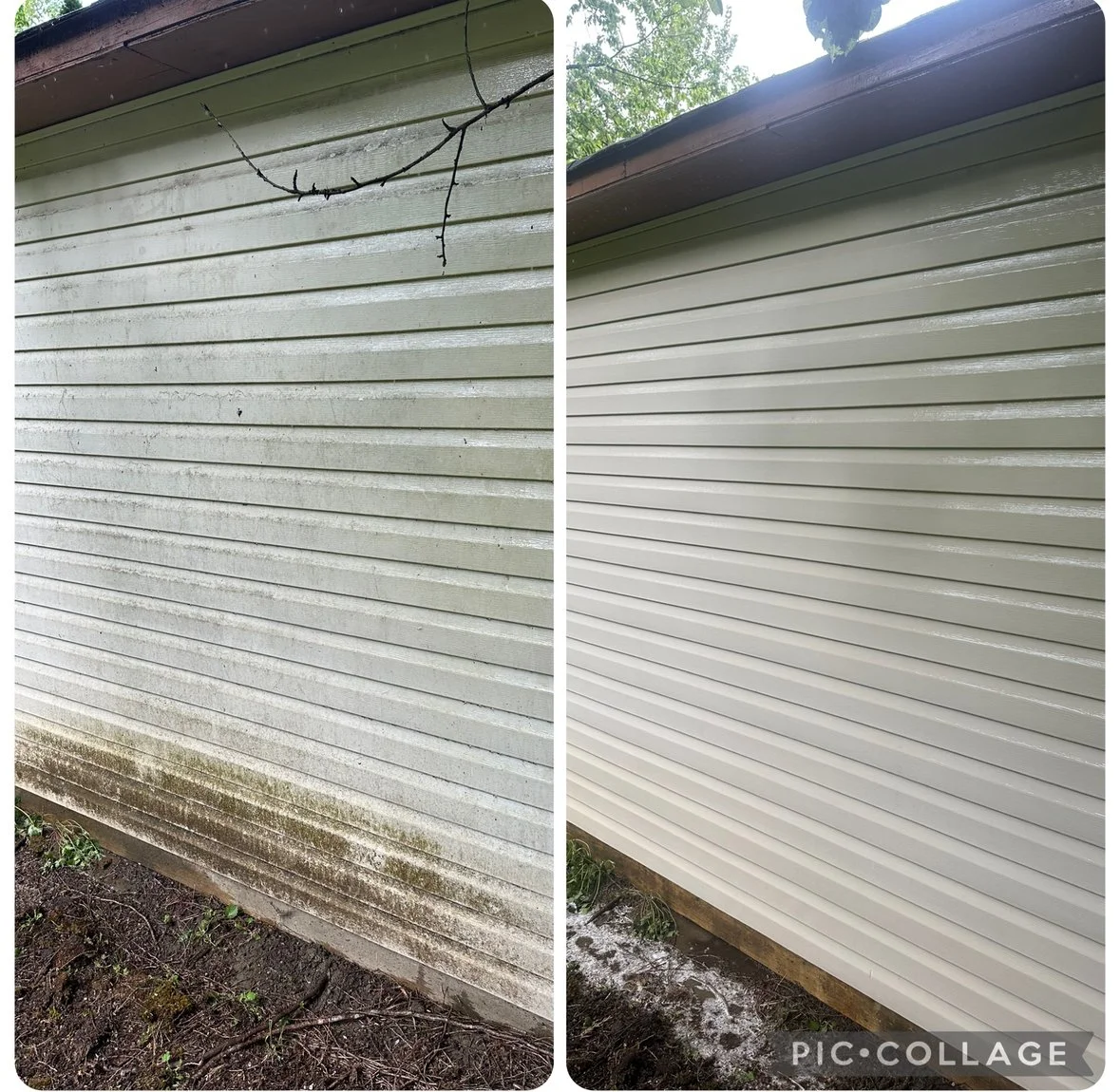 Side-by-side comparison of a house siding before and after cleaning. The left side shows dirty, moldy, and stained siding, while the right side shows clean, bright, and well-maintained siding.