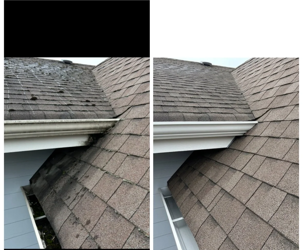 Before and after images of a roof repair showing the removal of dirt and moss from roof shingles and gutter cleaning.