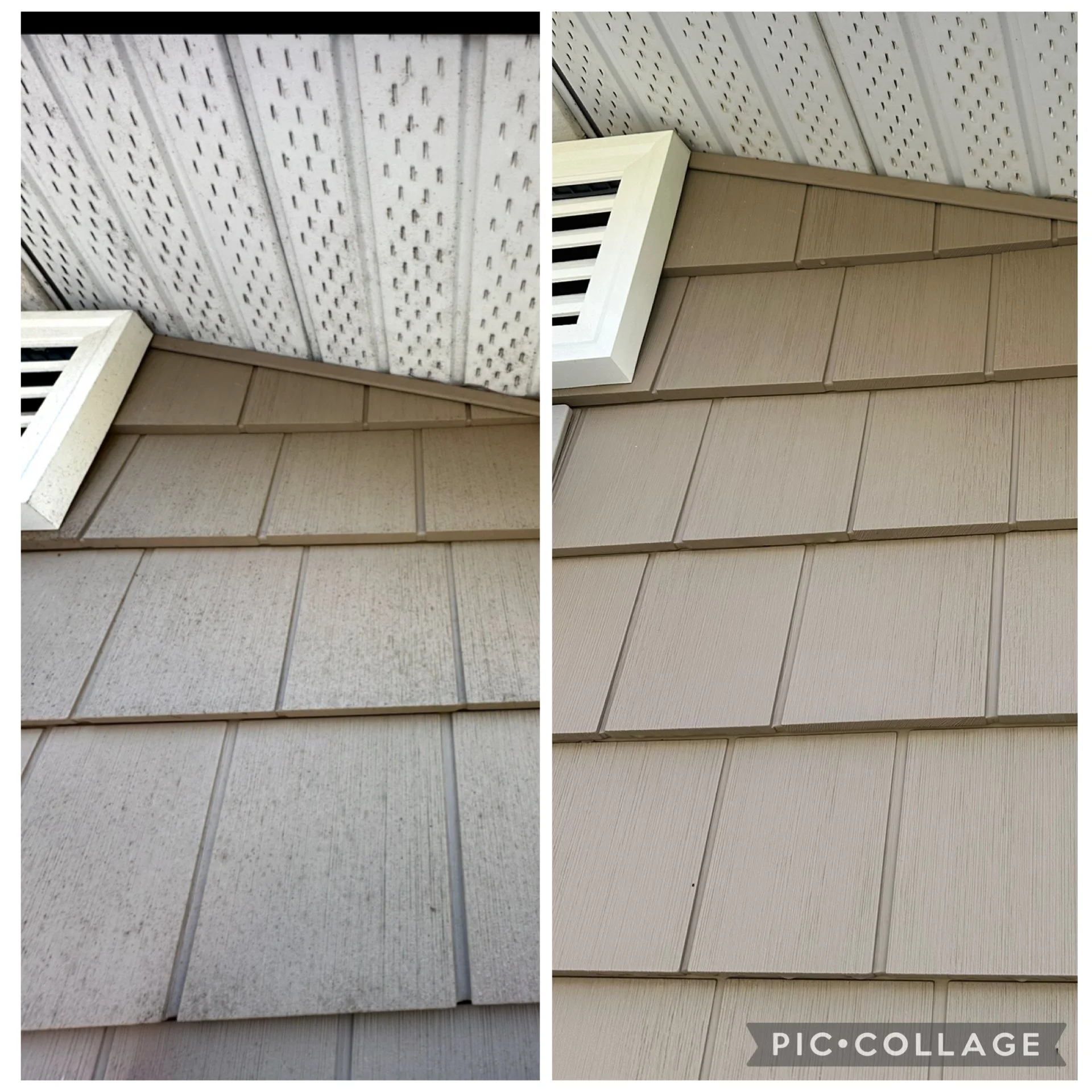 Side-by-side comparison of a house's exterior siding before and after cleaning. The left shows dirty, stained beige siding; the right shows clean, freshly washed beige siding.